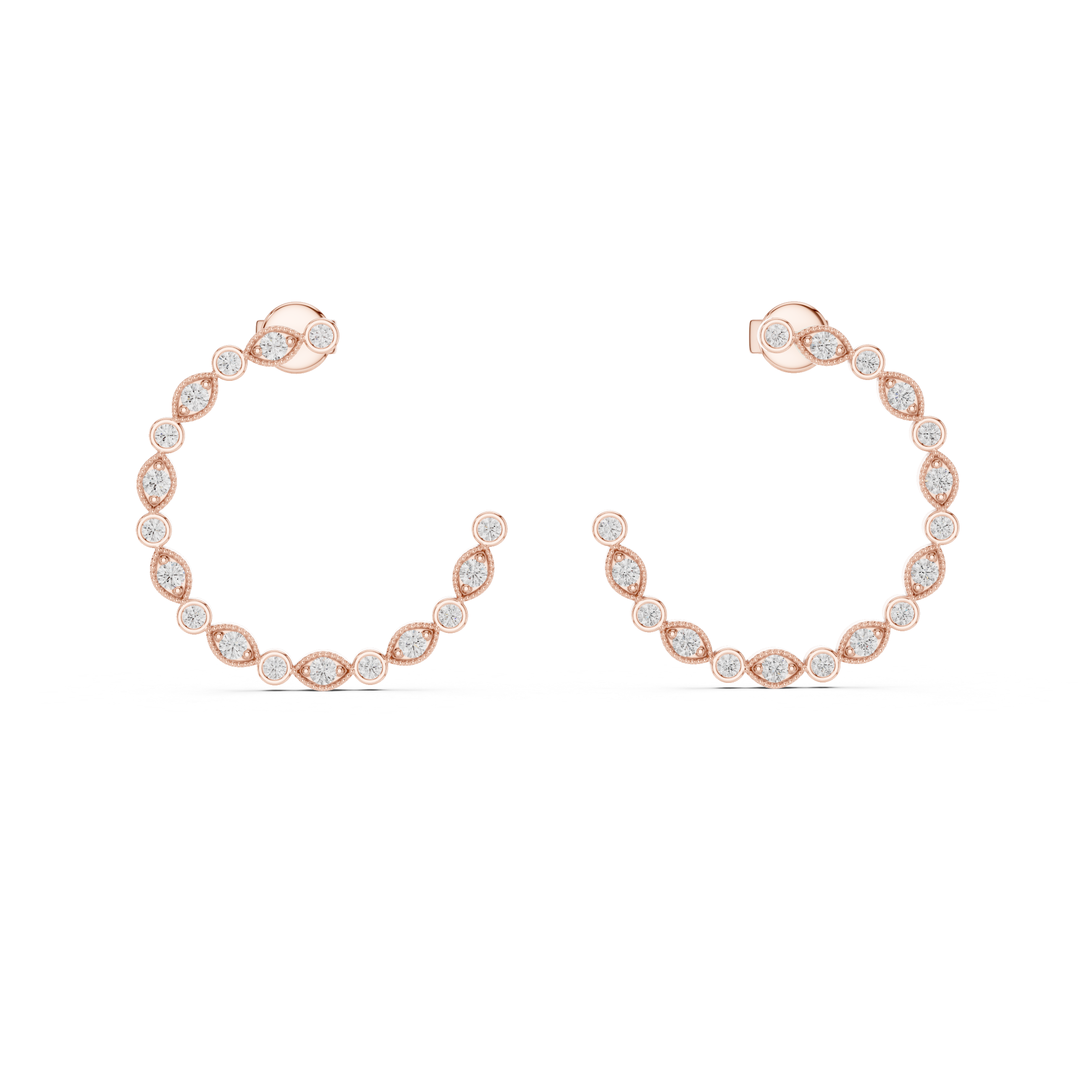 Rose Gold Diamond Hoop Earrings with Alternating Round and Marquise Settings