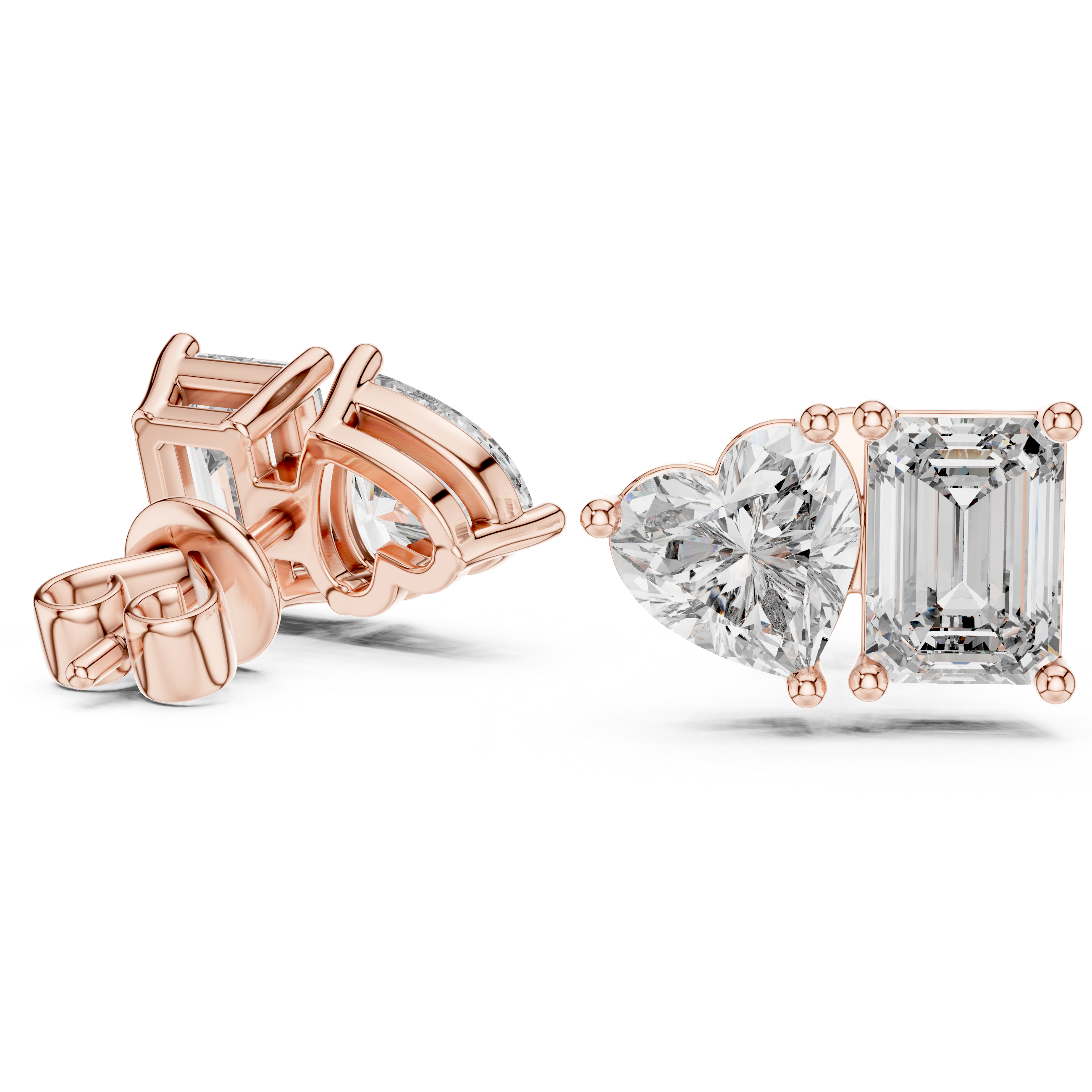 Rose Gold Diamond Stud Earrings - Heart and Emerald Cut Pair