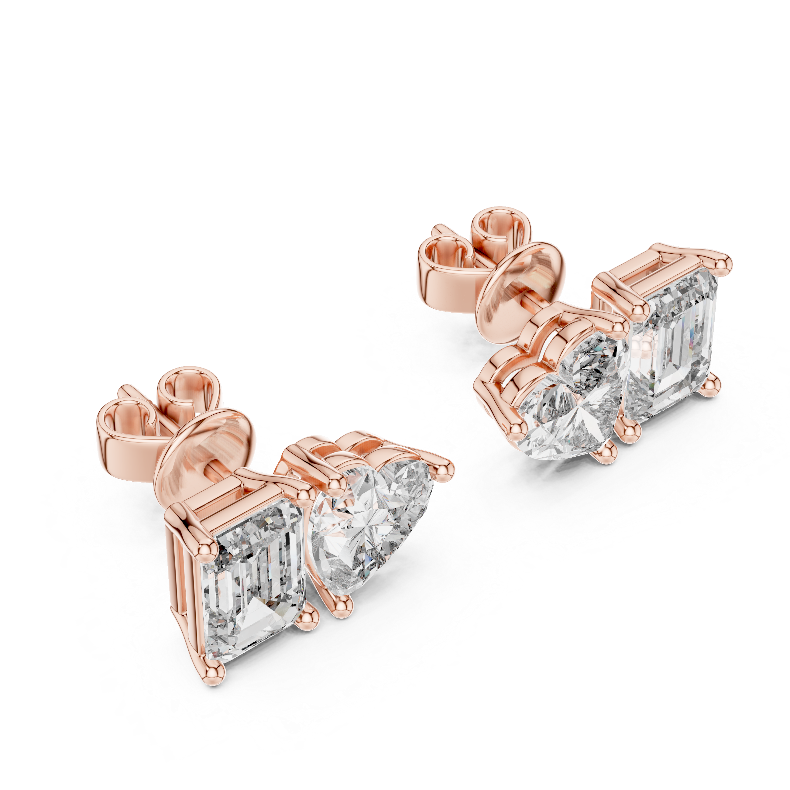 Rose Gold Diamond Stud Earrings - Heart and Emerald Cut Pair