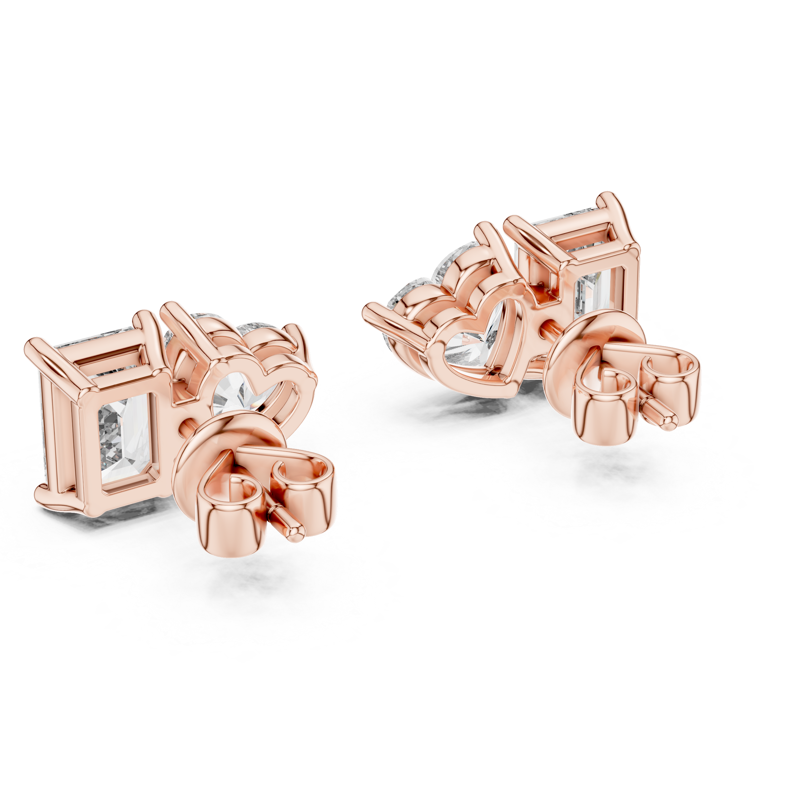 Rose Gold Diamond Stud Earrings - Heart and Emerald Cut Pair