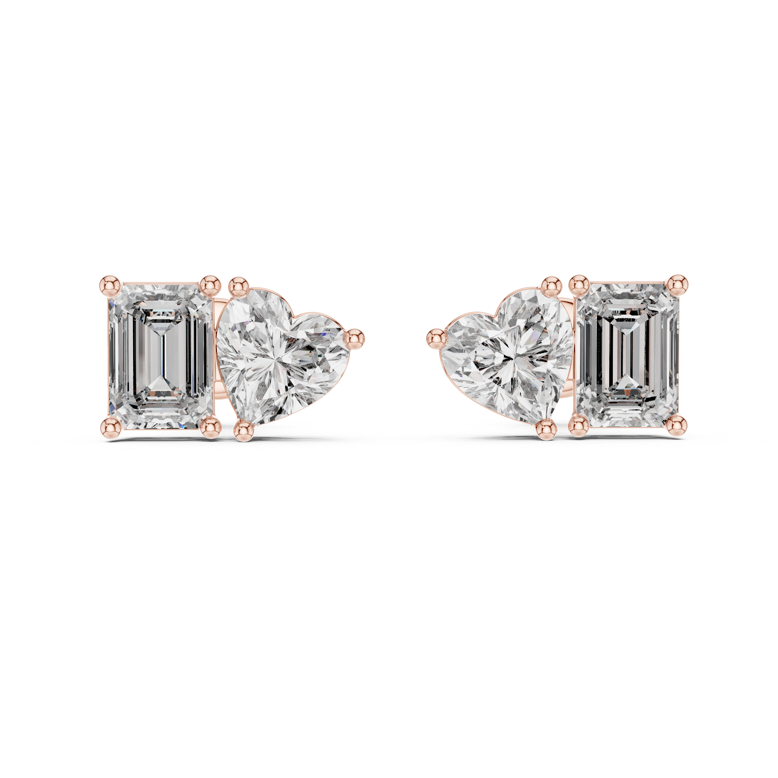 Rose Gold Diamond Stud Earrings - Heart and Emerald Cut Pair
