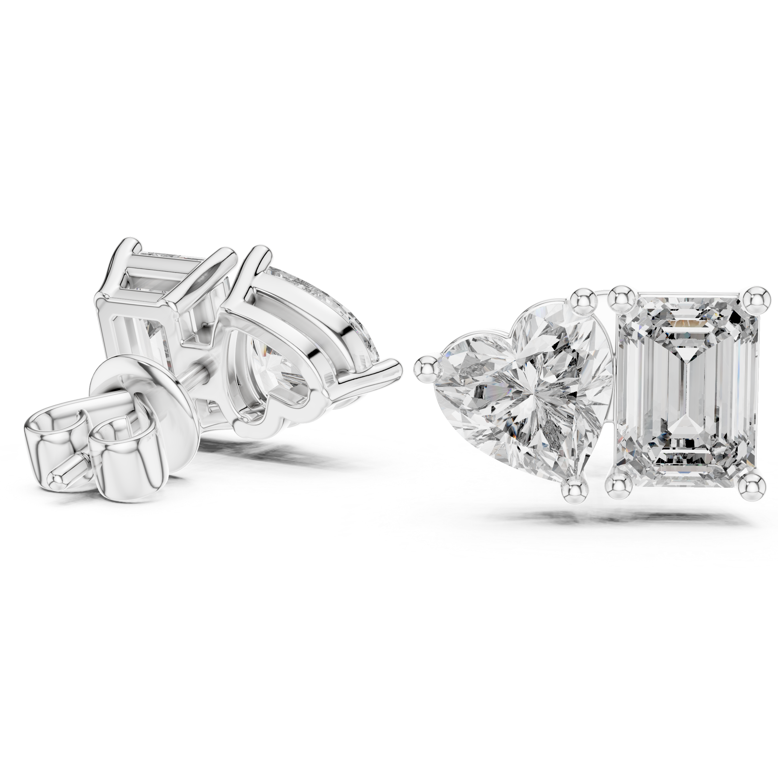 Rose Gold Diamond Stud Earrings - Heart and Emerald Cut Pair