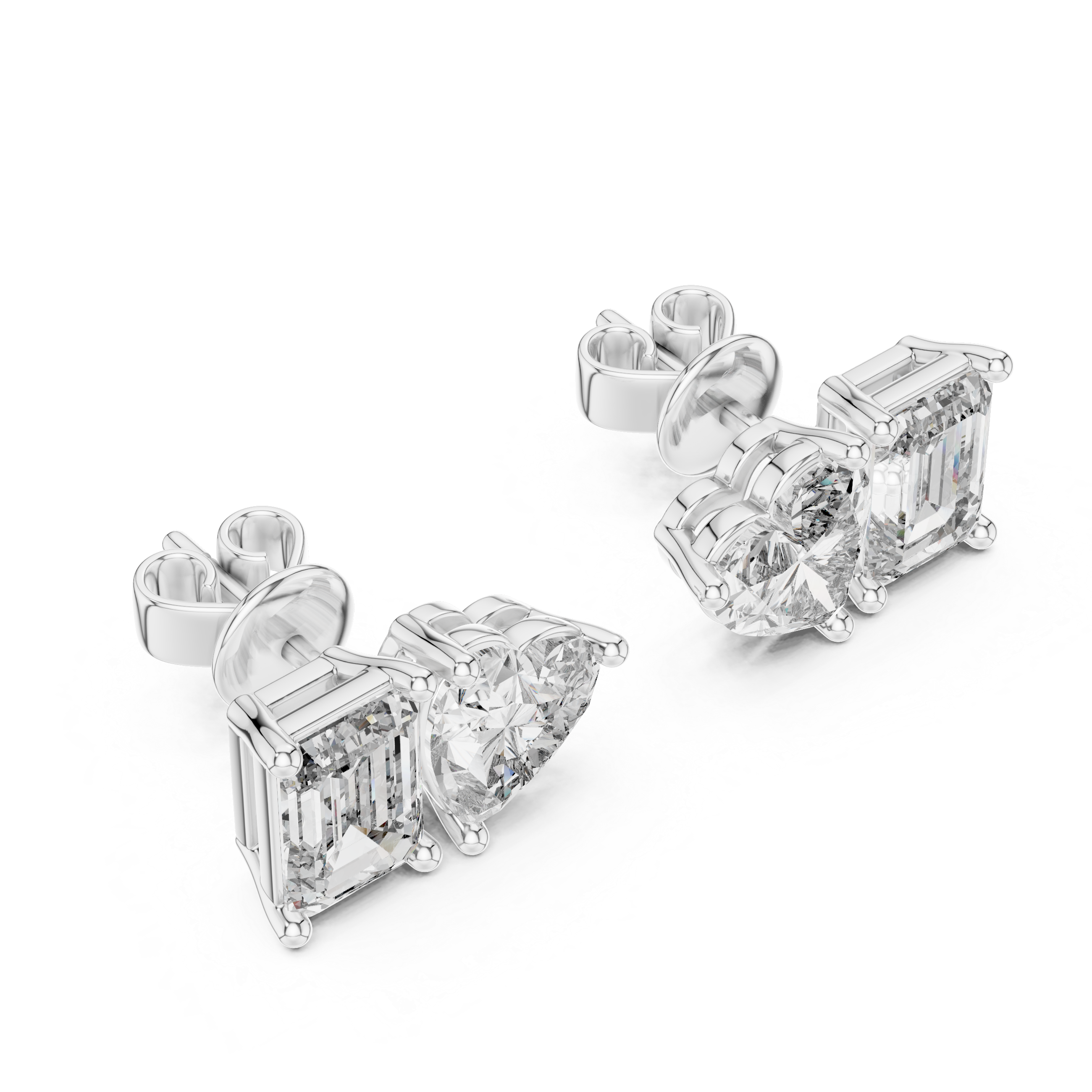 Rose Gold Diamond Stud Earrings - Heart and Emerald Cut Pair