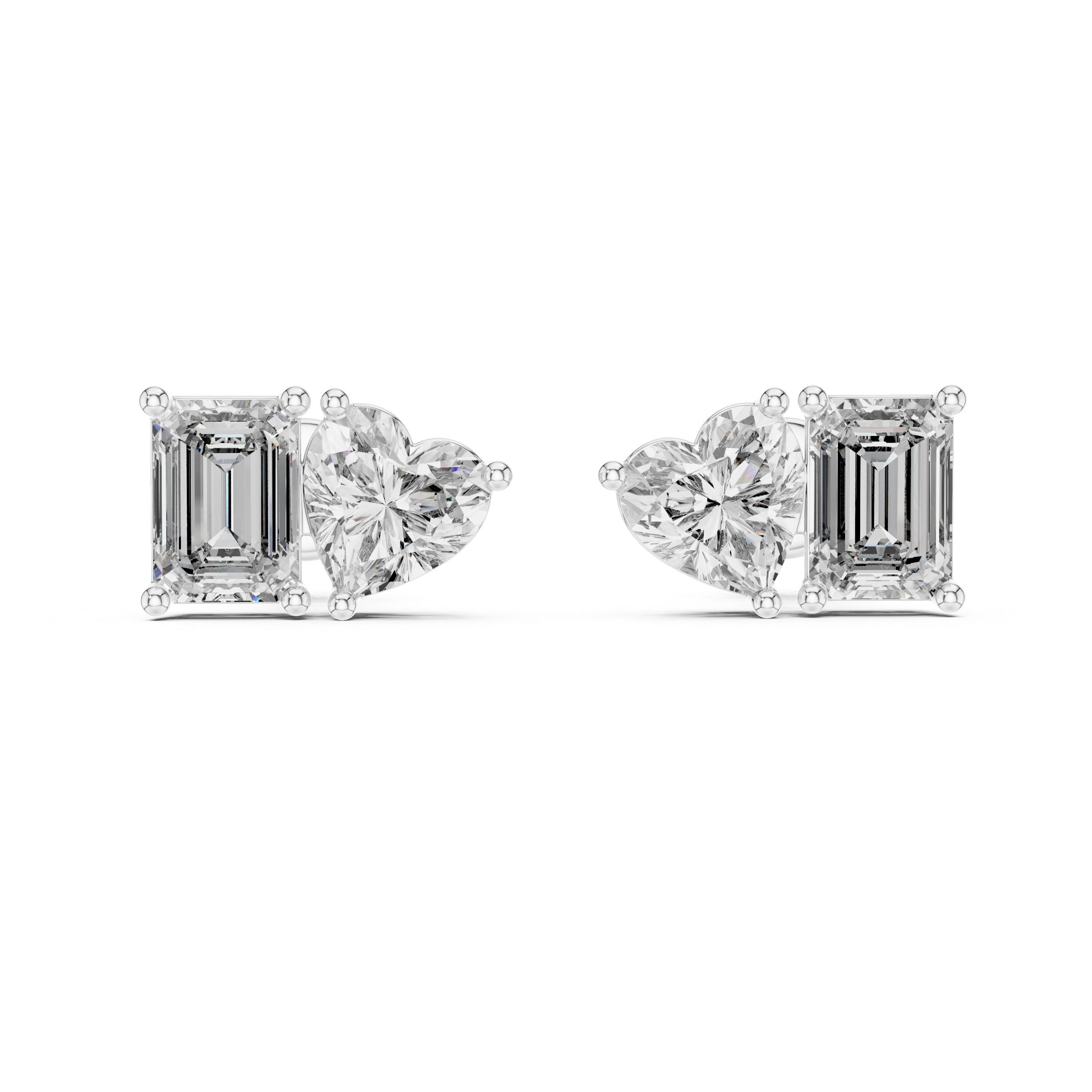 Rose Gold Diamond Stud Earrings - Heart and Emerald Cut Pair