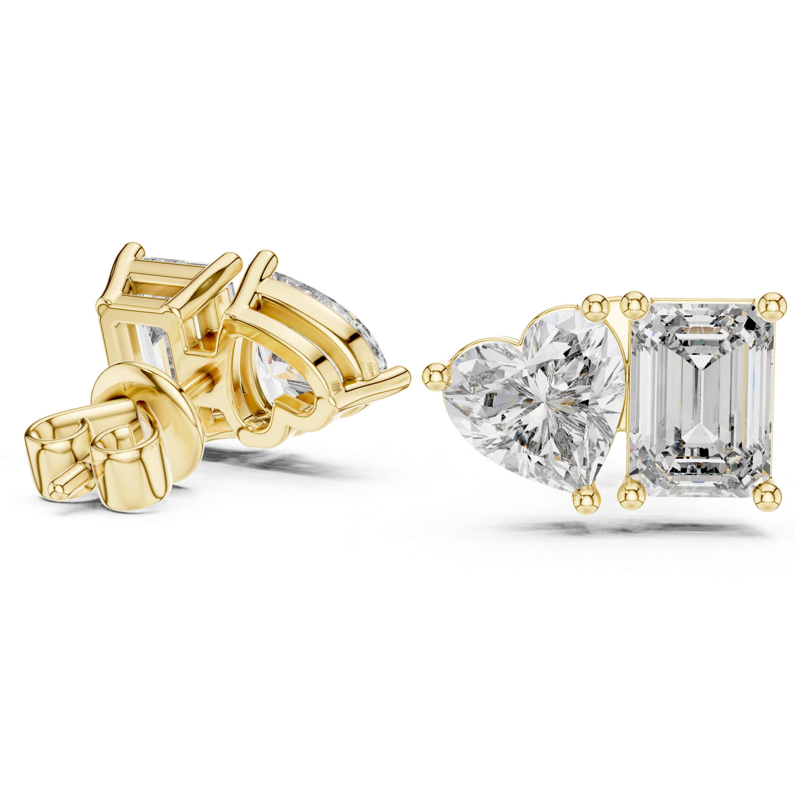 Rose Gold Diamond Stud Earrings - Heart and Emerald Cut Pair