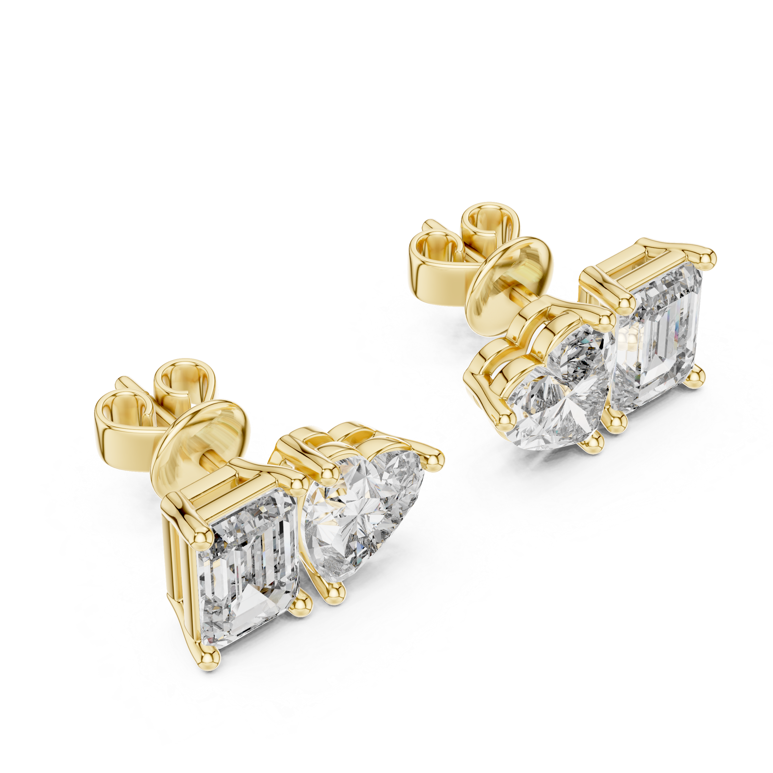 Rose Gold Diamond Stud Earrings - Heart and Emerald Cut Pair