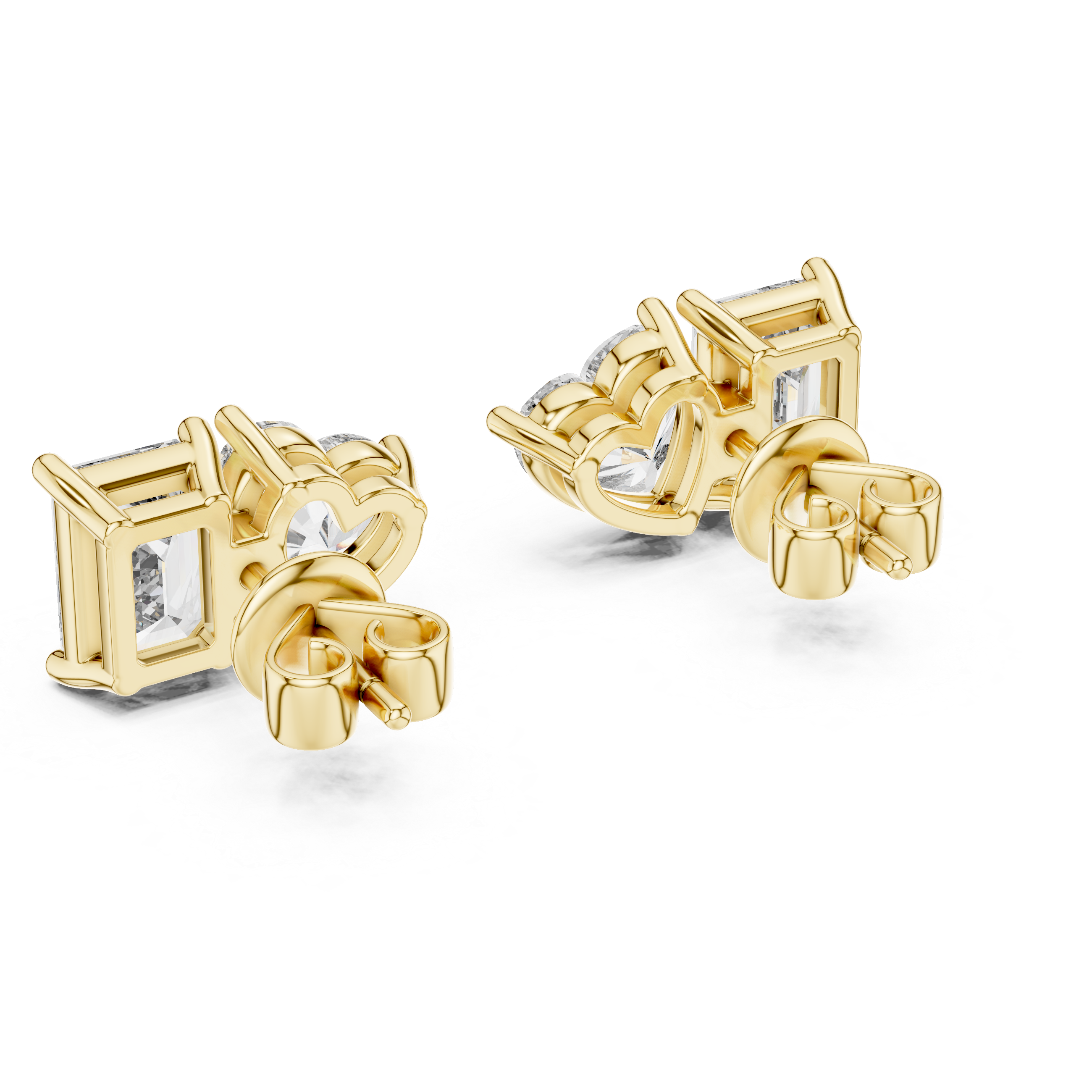 Rose Gold Diamond Stud Earrings - Heart and Emerald Cut Pair