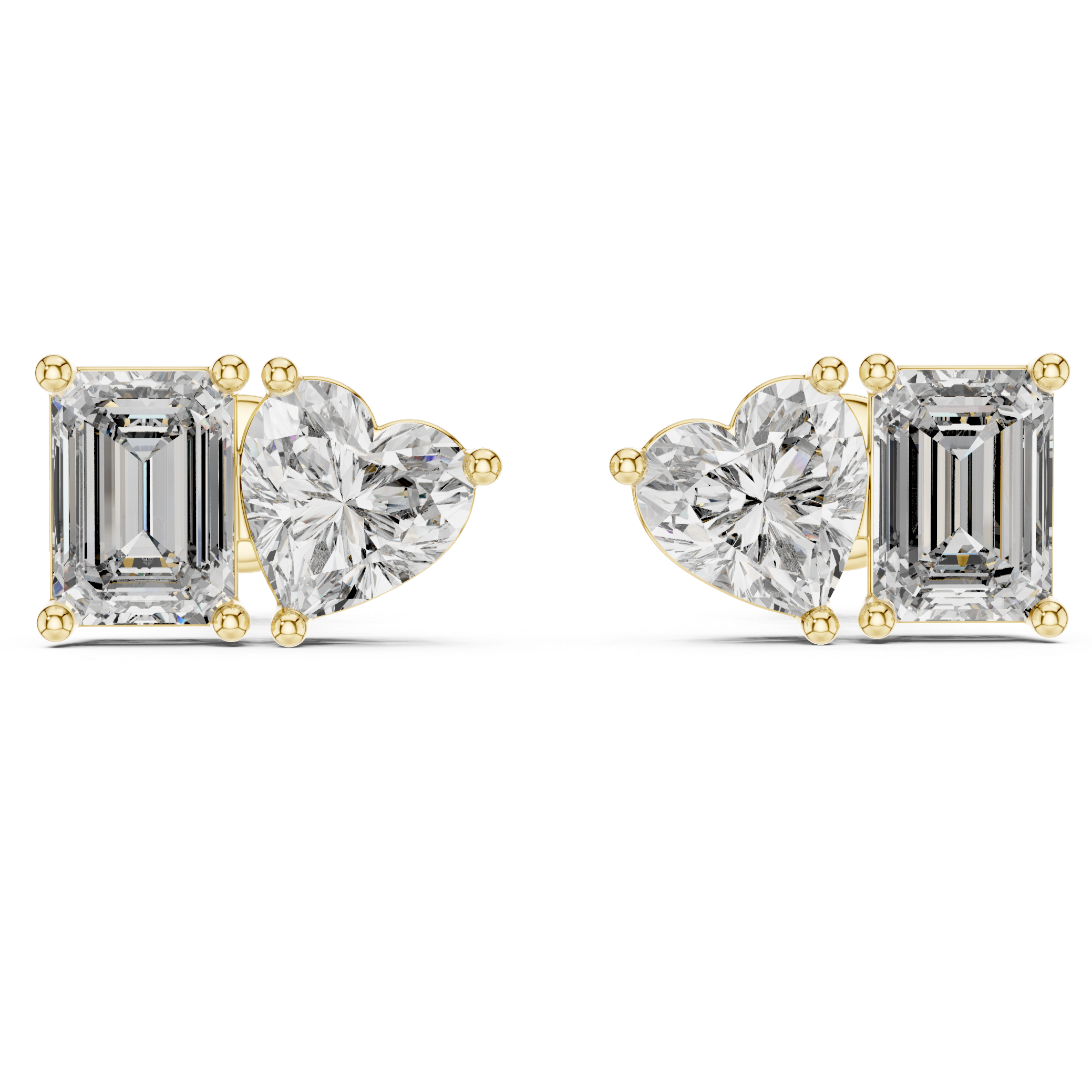 Rose Gold Diamond Stud Earrings - Heart and Emerald Cut Pair