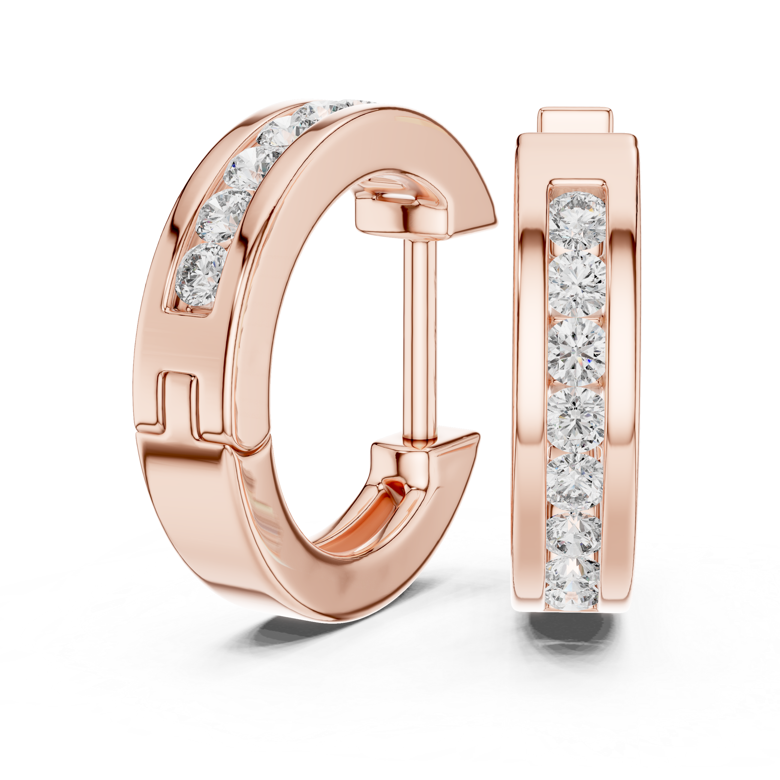 Elegant rose gold hoop earrings adorned with a row of sparkling round-cut diamonds