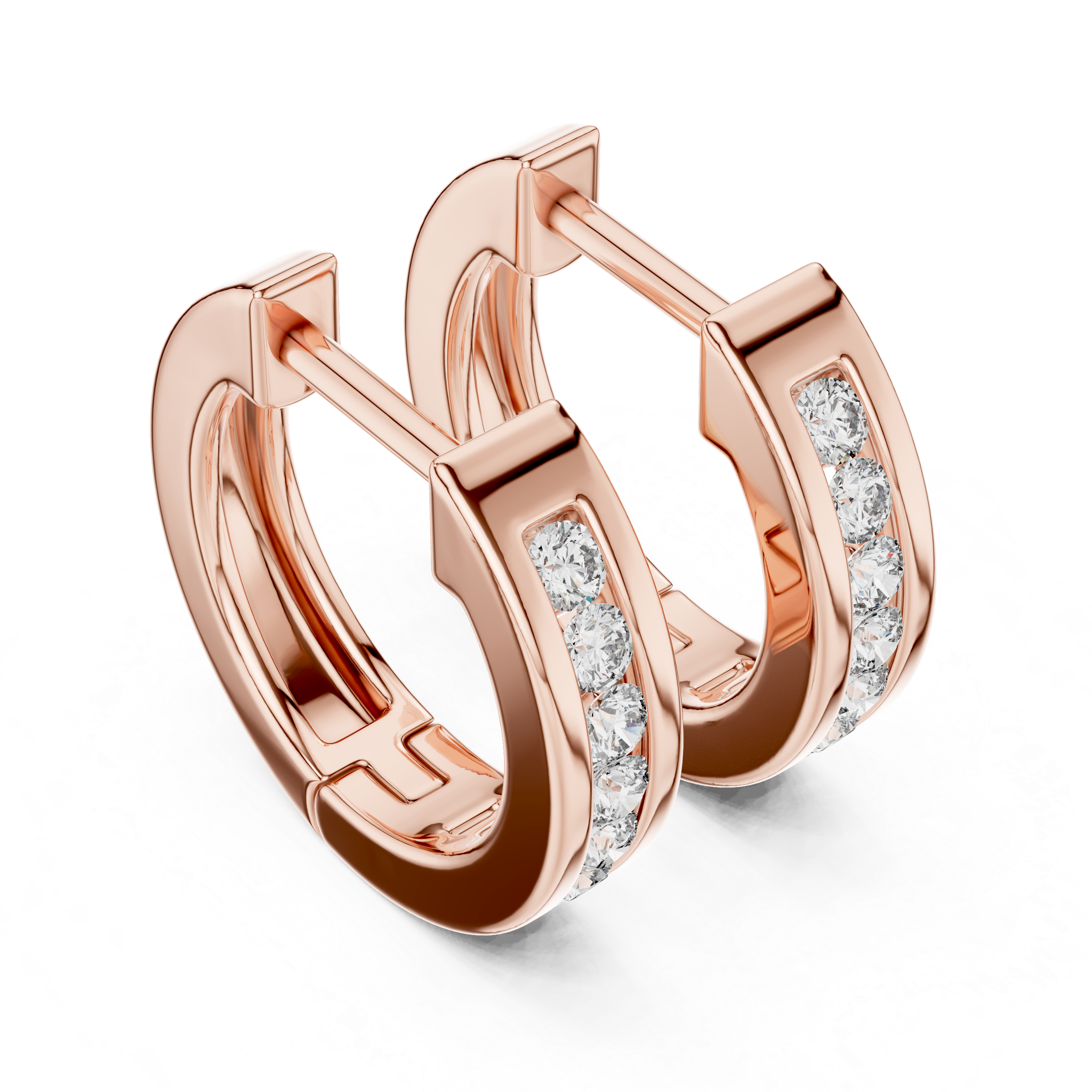 Elegant rose gold hoop earrings adorned with a row of sparkling round-cut diamonds