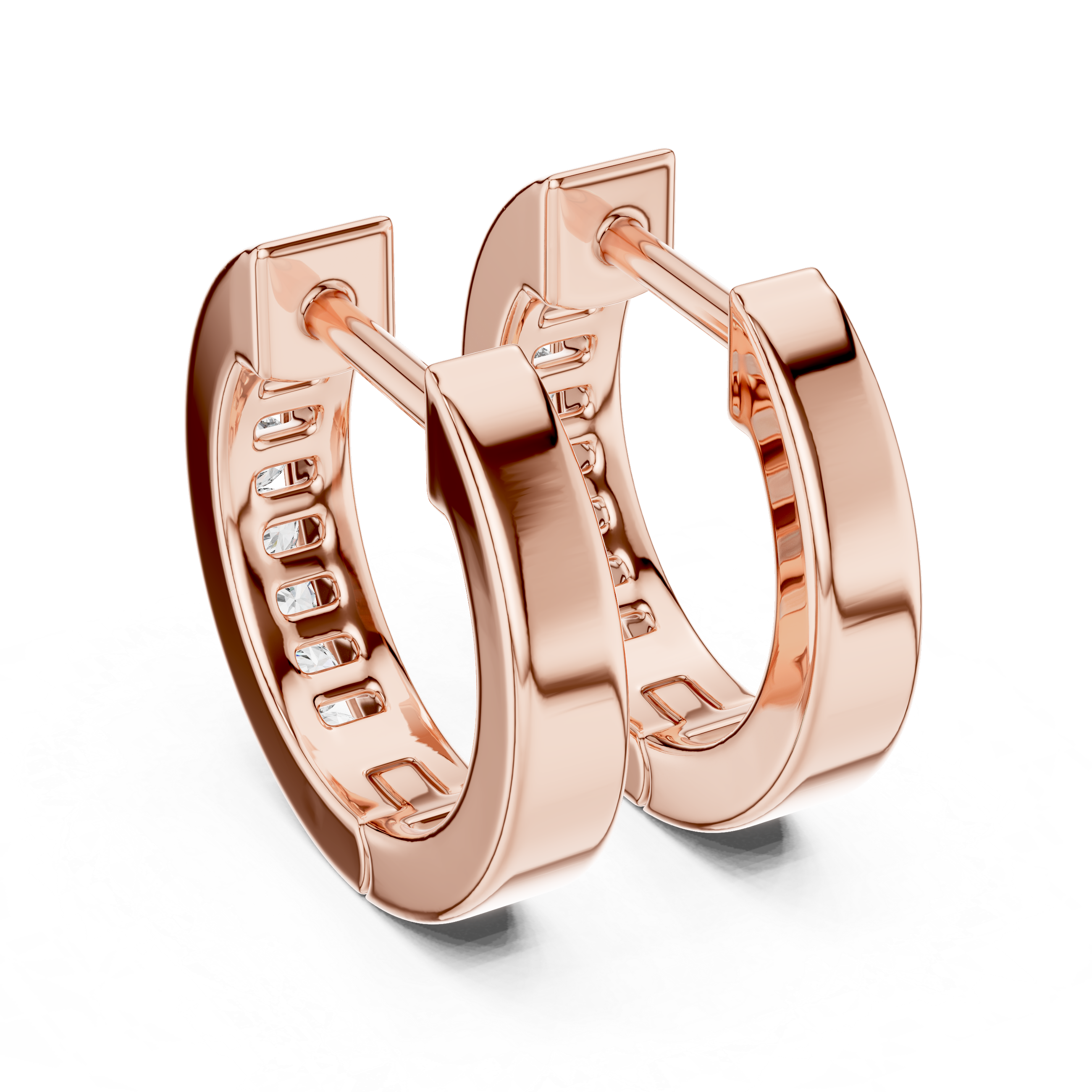 Elegant rose gold hoop earrings adorned with a row of sparkling round-cut diamonds