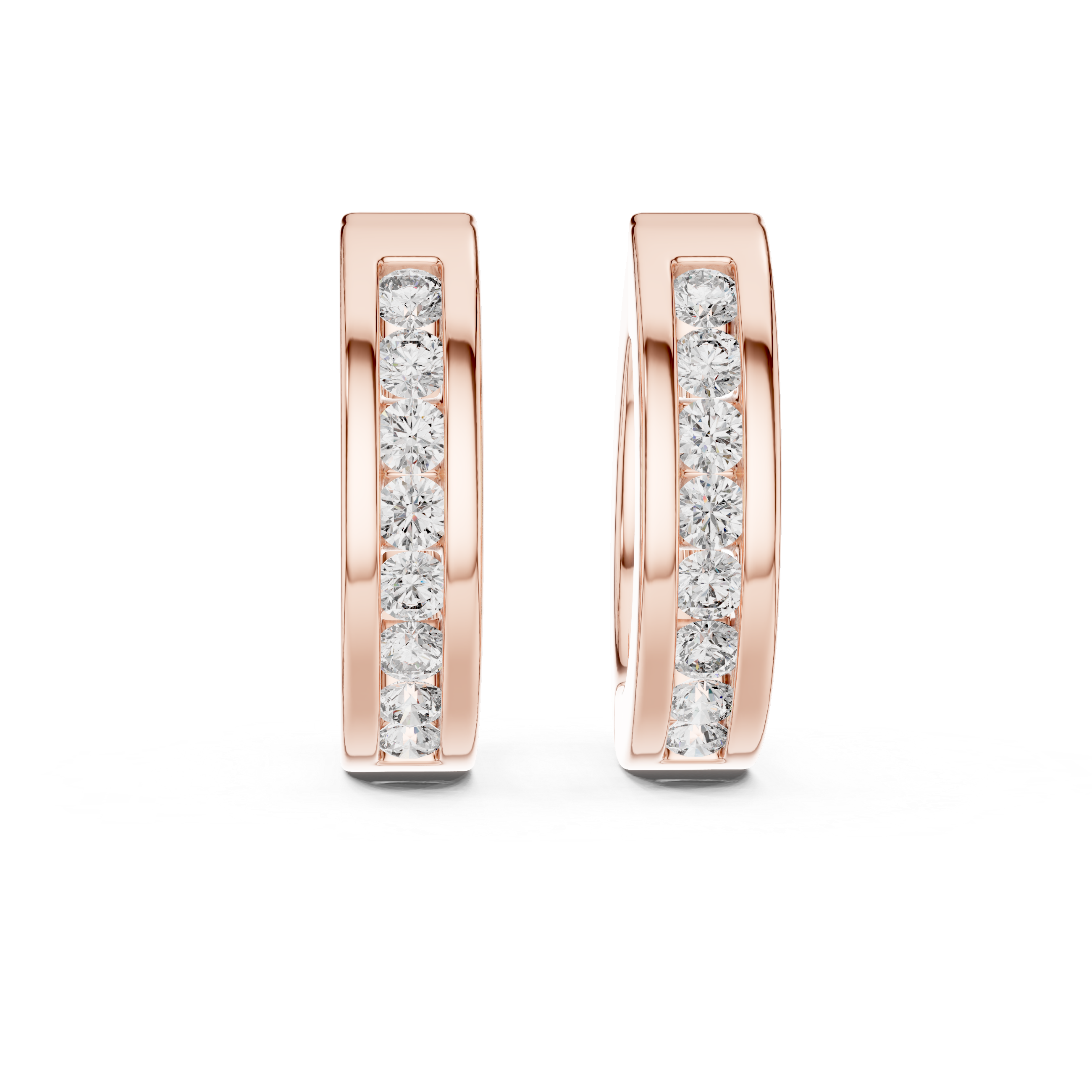 Elegant rose gold hoop earrings adorned with a row of sparkling round-cut diamonds
