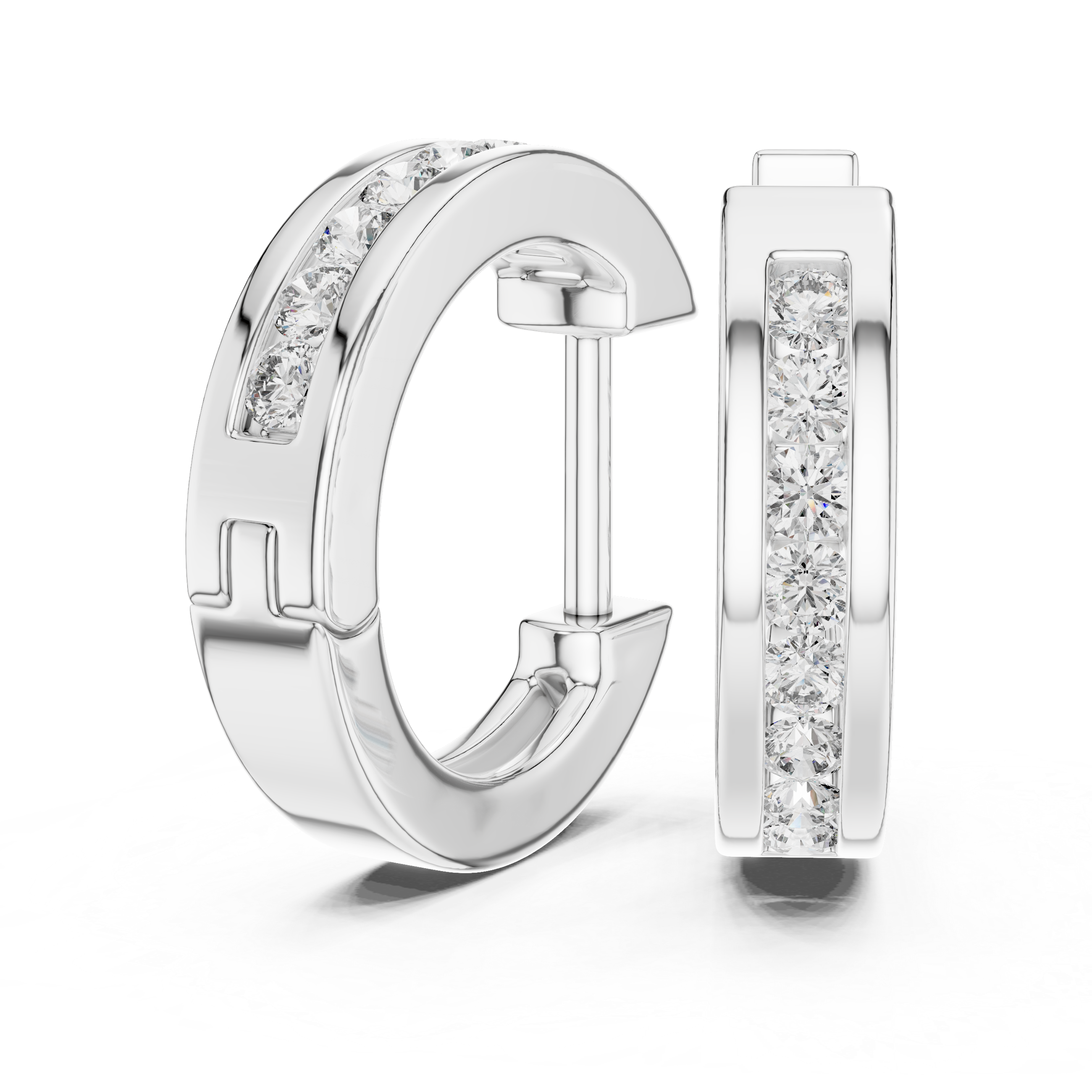 Elegant rose gold hoop earrings adorned with a row of sparkling round-cut diamonds