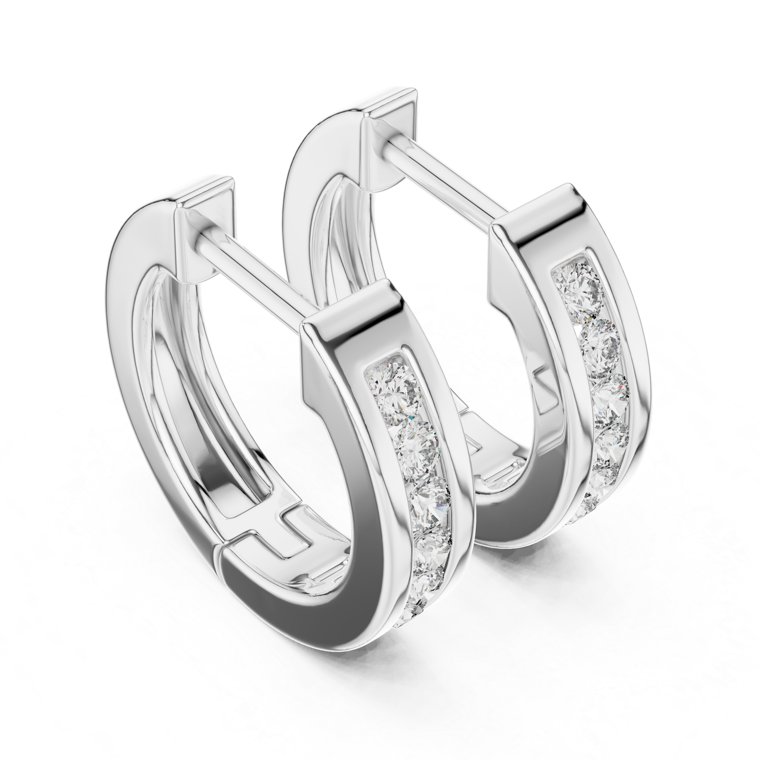 Elegant rose gold hoop earrings adorned with a row of sparkling round-cut diamonds