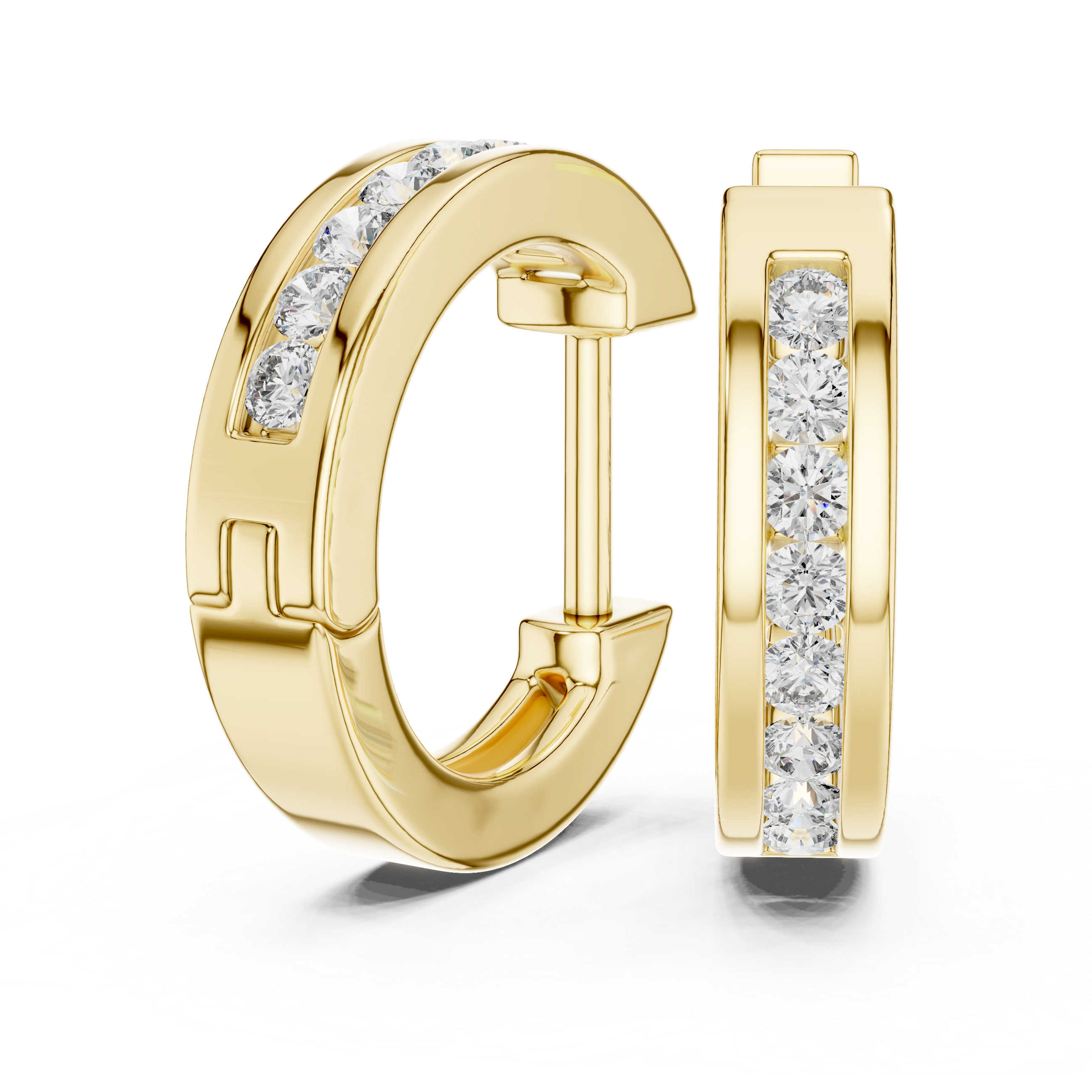 Elegant rose gold hoop earrings adorned with a row of sparkling round-cut diamonds