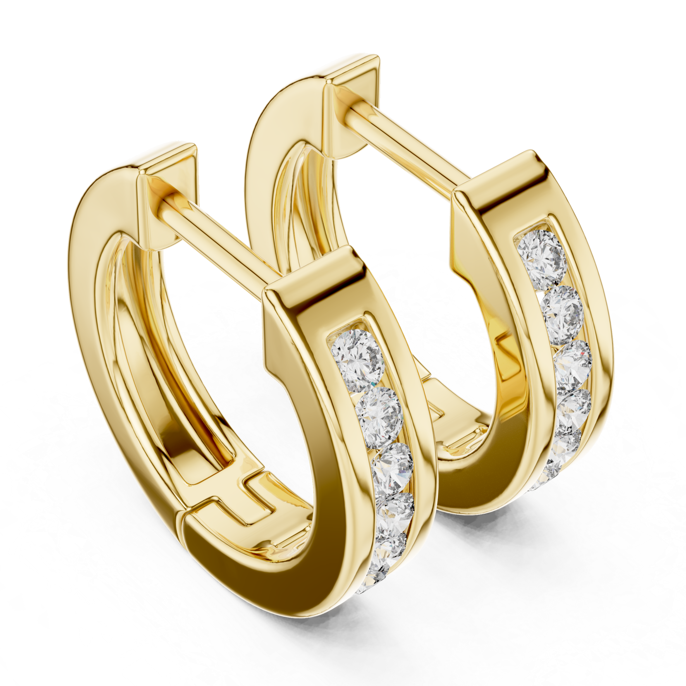 Elegant rose gold hoop earrings adorned with a row of sparkling round-cut diamonds