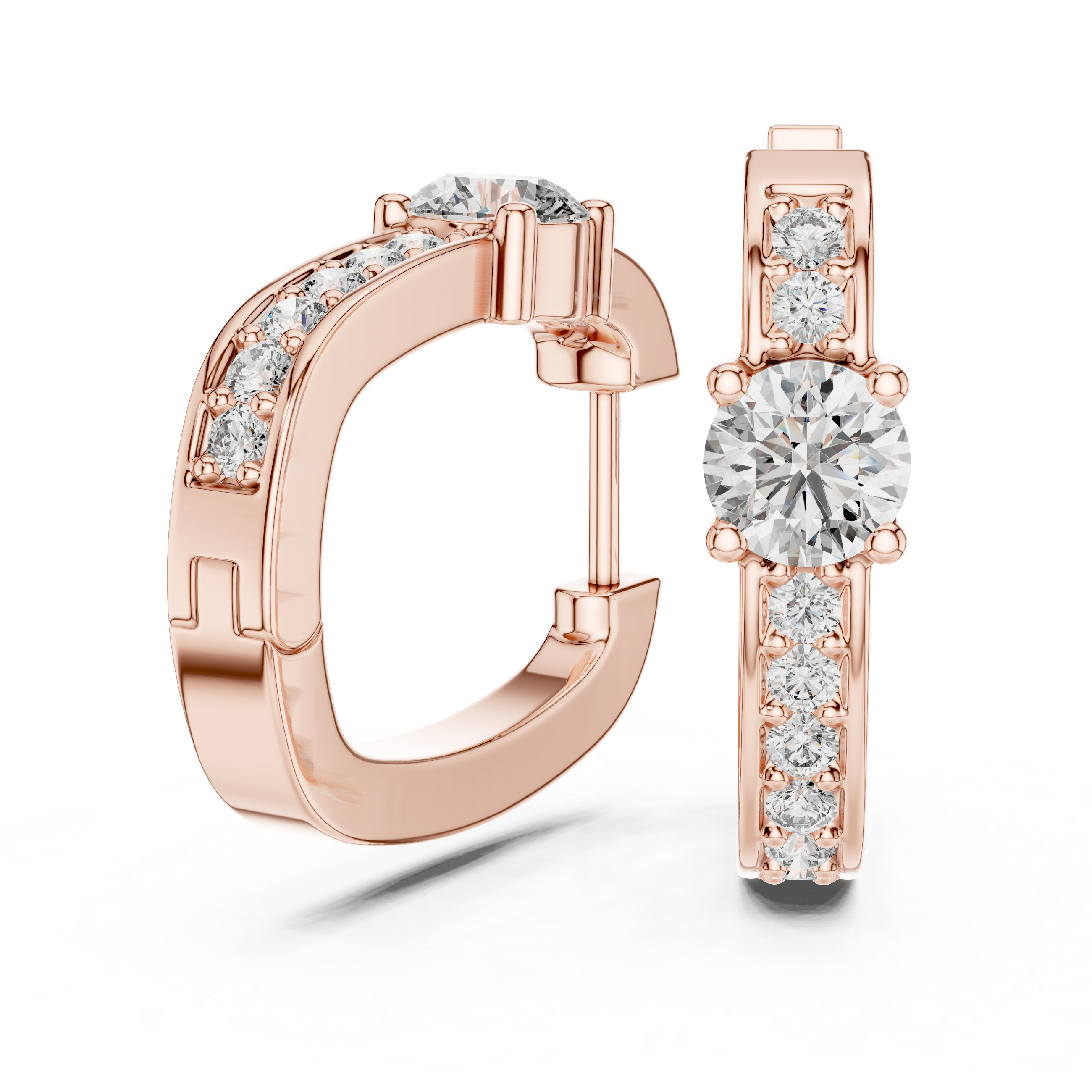 Rose gold diamond hoop earrings with a central round diamond and smaller diamonds along the band.