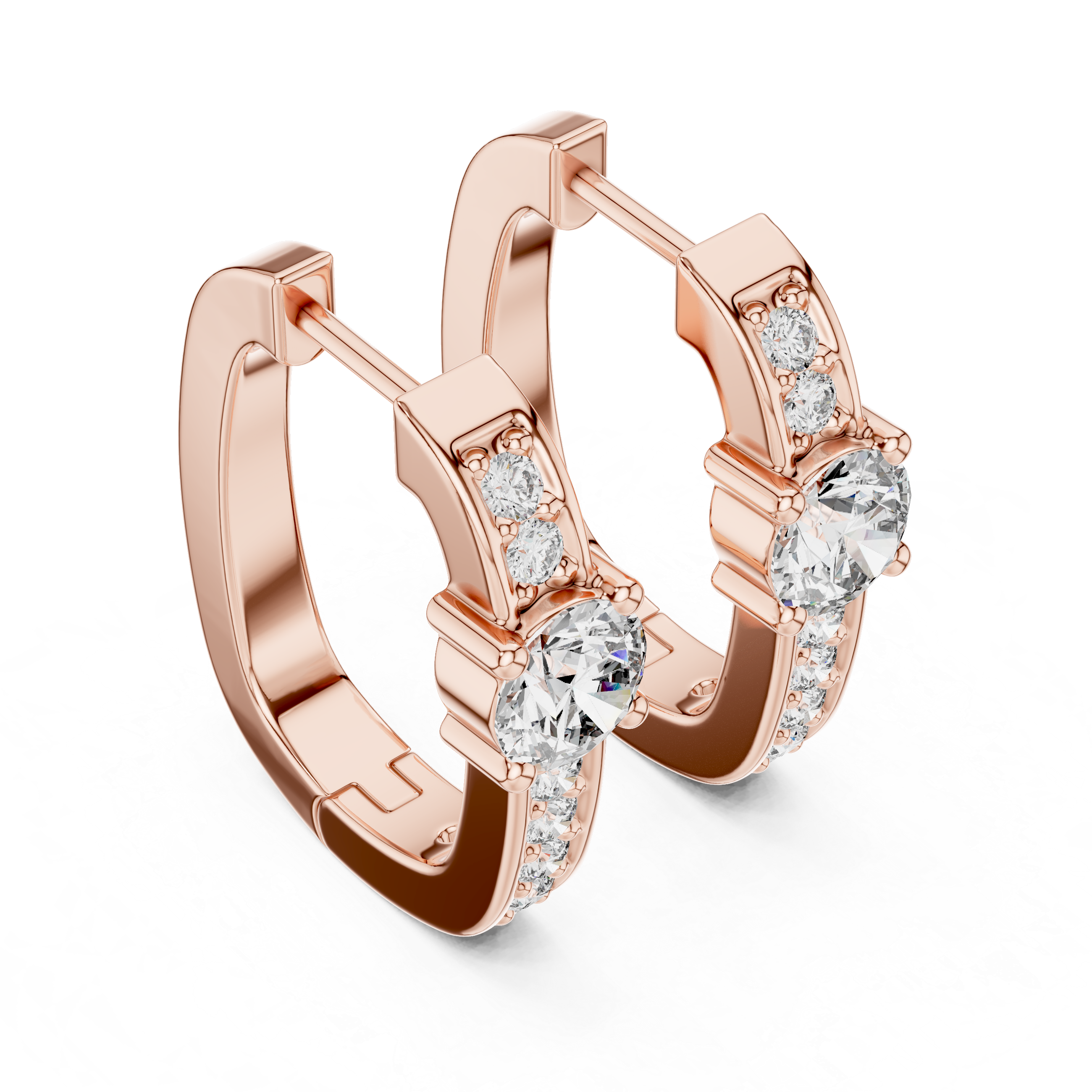 Rose gold diamond hoop earrings with a central round diamond and smaller diamonds along the band.