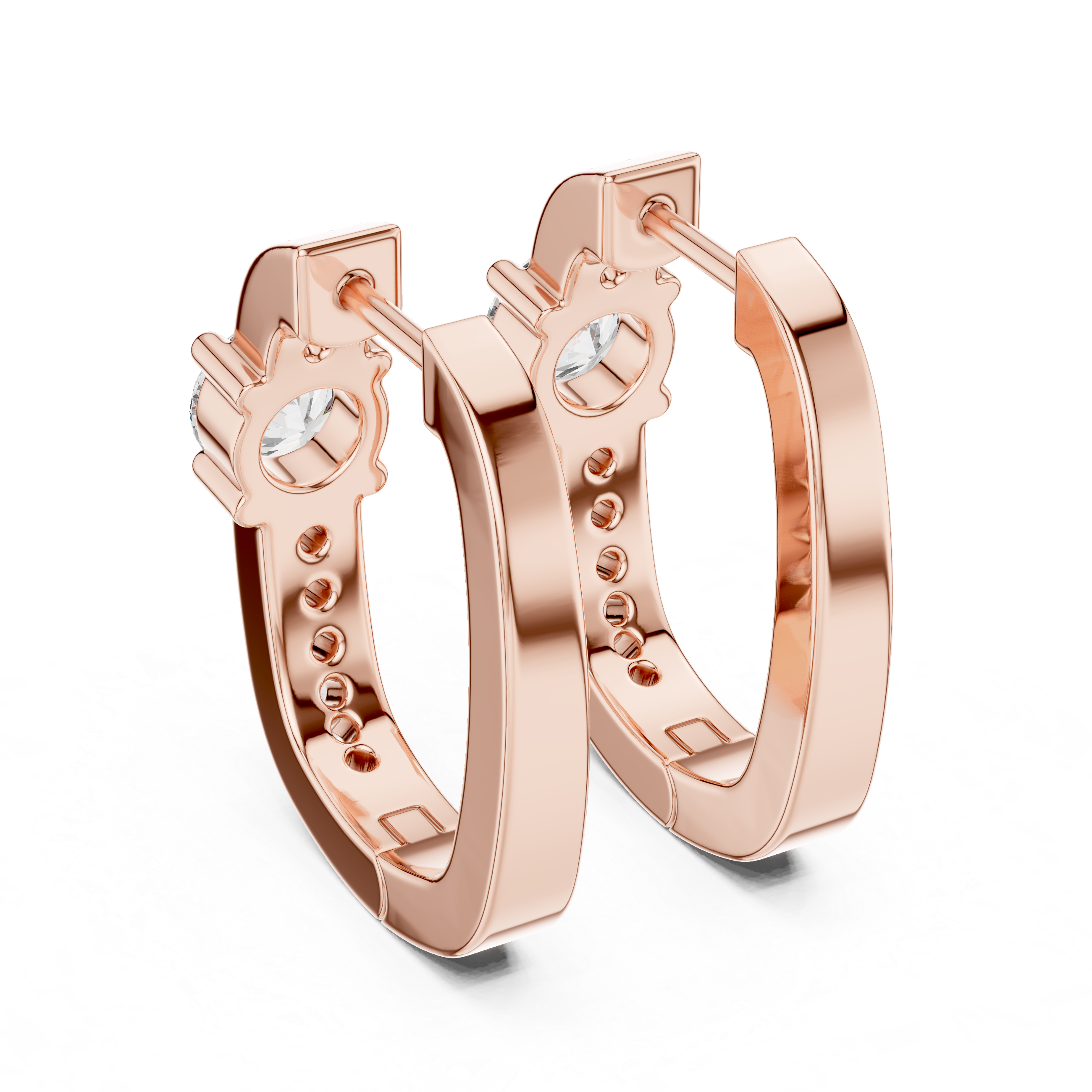 Rose gold diamond hoop earrings with a central round diamond and smaller diamonds along the band.