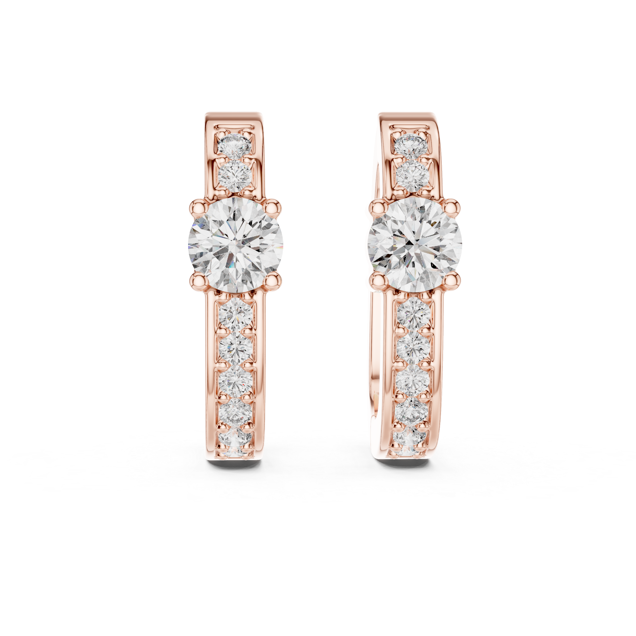 Rose gold diamond hoop earrings with a central round diamond and smaller diamonds along the band.