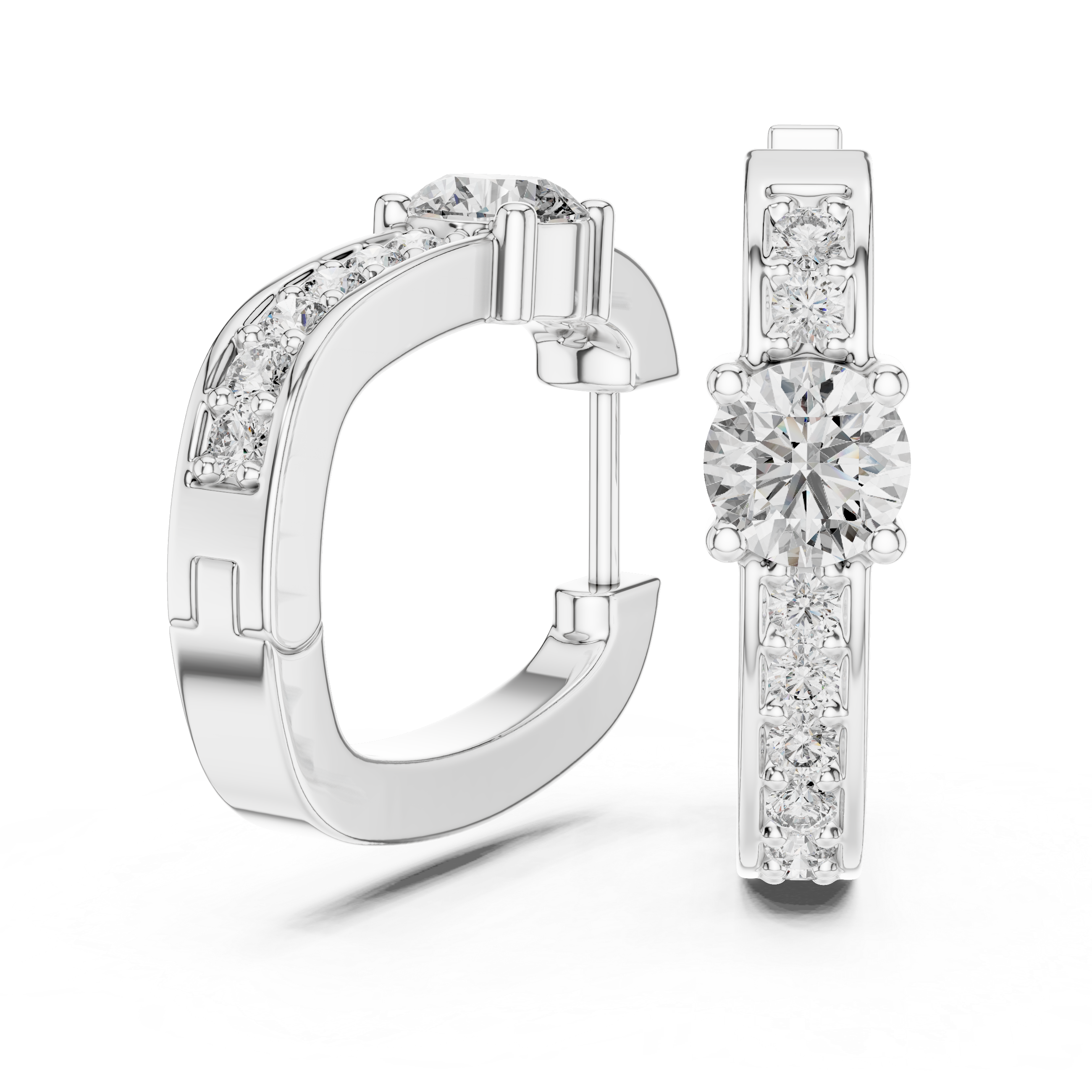 Rose gold diamond hoop earrings with a central round diamond and smaller diamonds along the band.