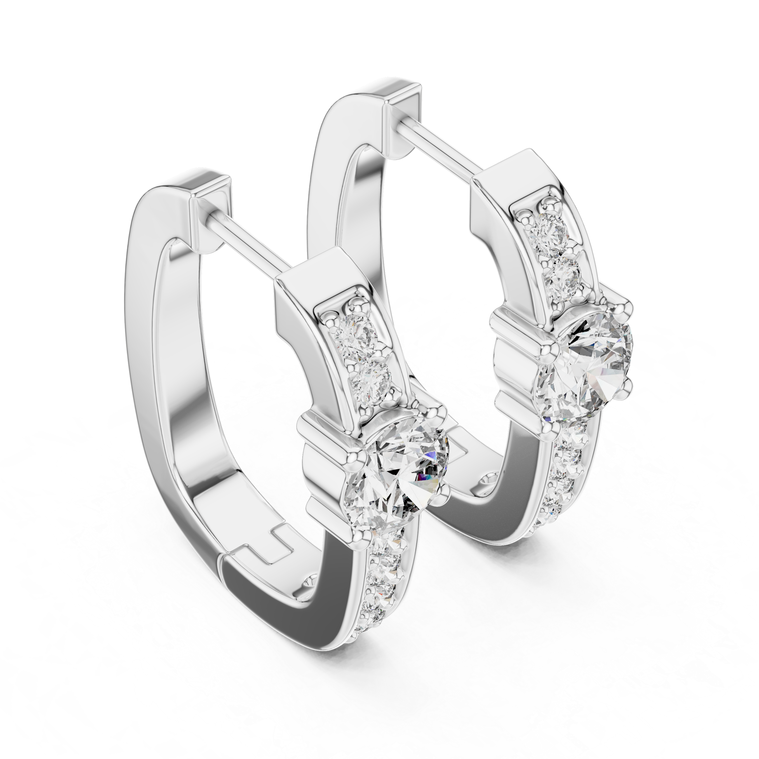 Rose gold diamond hoop earrings with a central round diamond and smaller diamonds along the band.