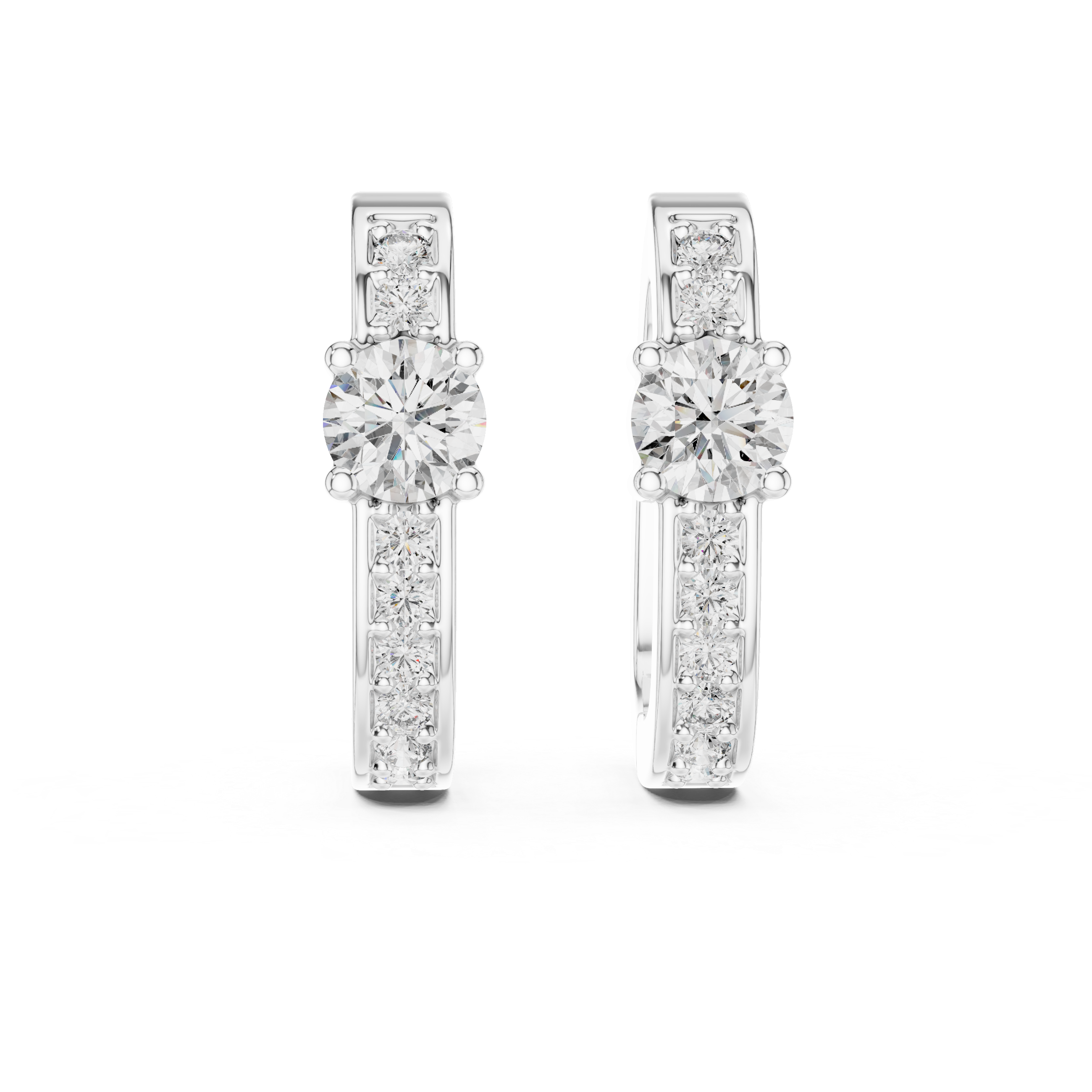 Rose gold diamond hoop earrings with a central round diamond and smaller diamonds along the band.