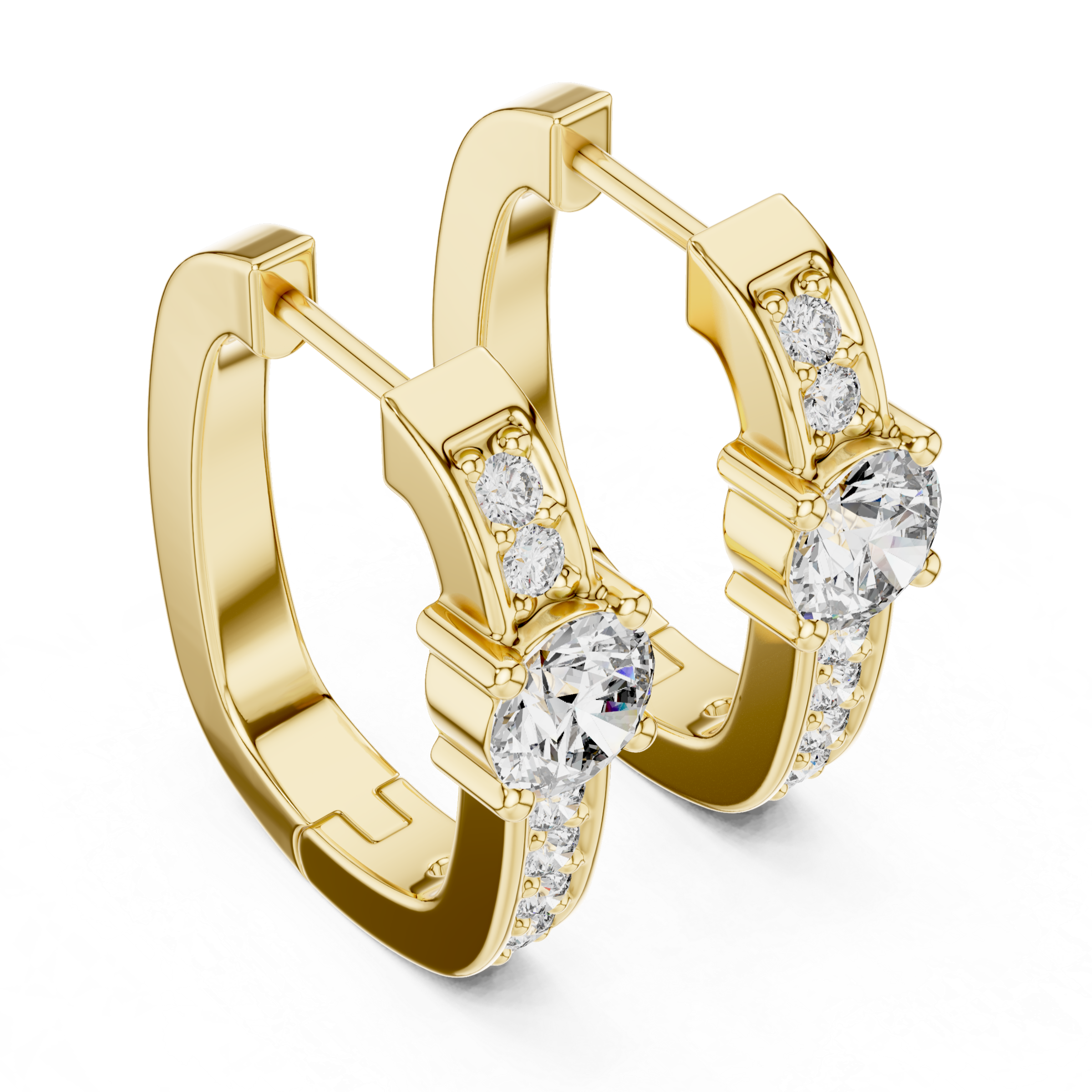 Rose gold diamond hoop earrings with a central round diamond and smaller diamonds along the band.