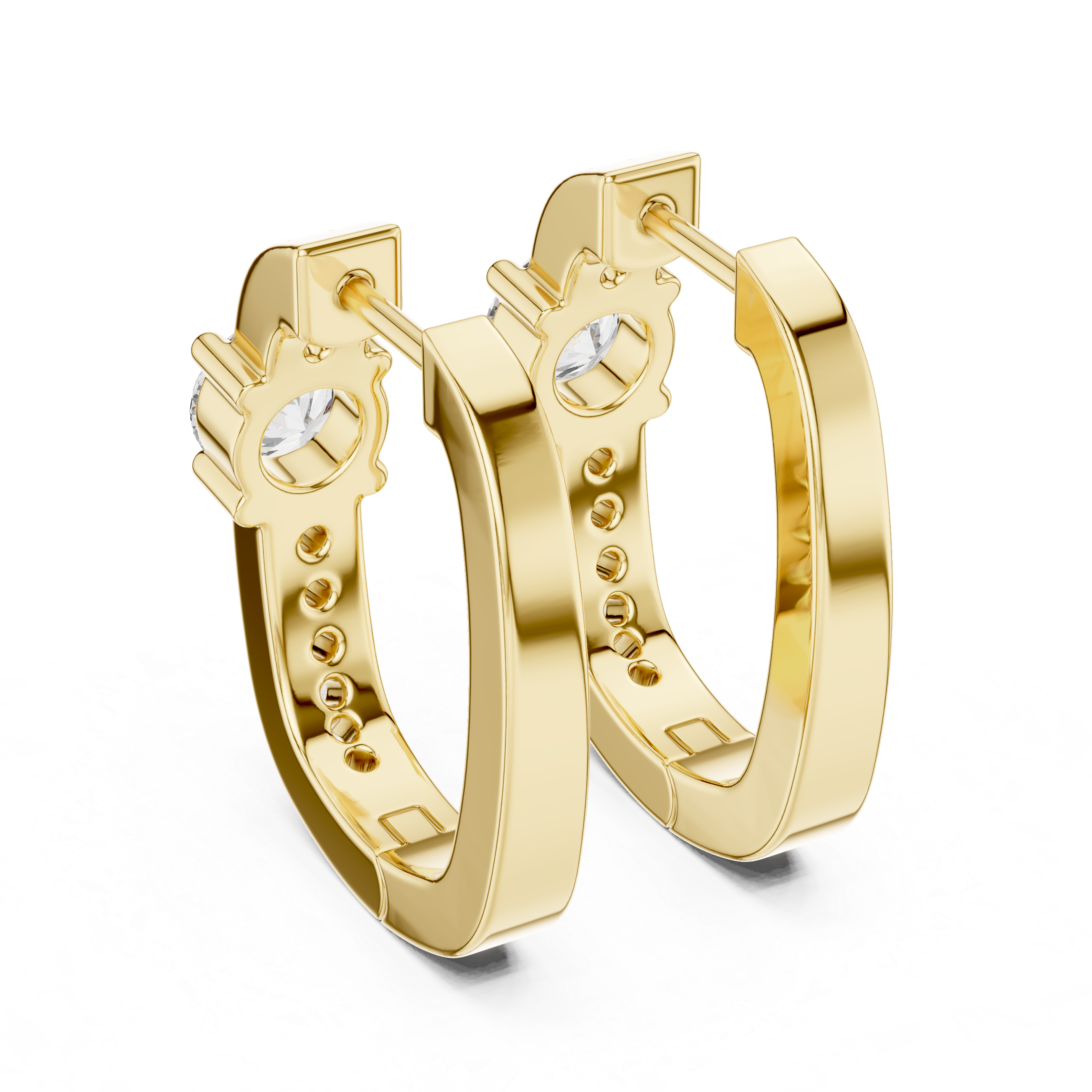 Rose gold diamond hoop earrings with a central round diamond and smaller diamonds along the band.
