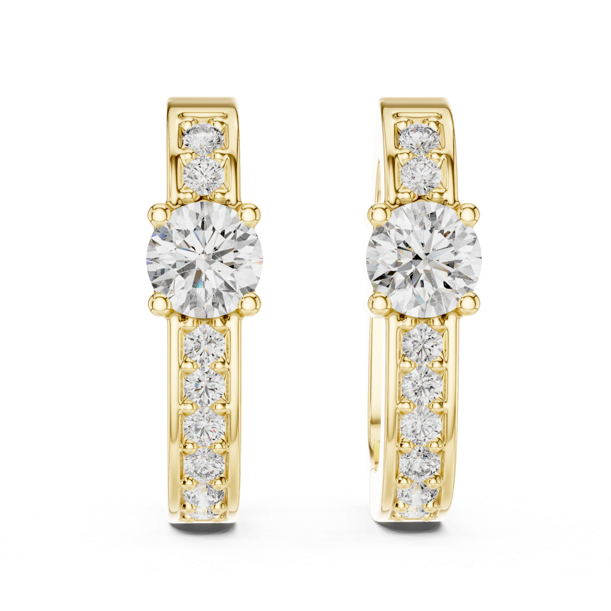Rose gold diamond hoop earrings with a central round diamond and smaller diamonds along the band.