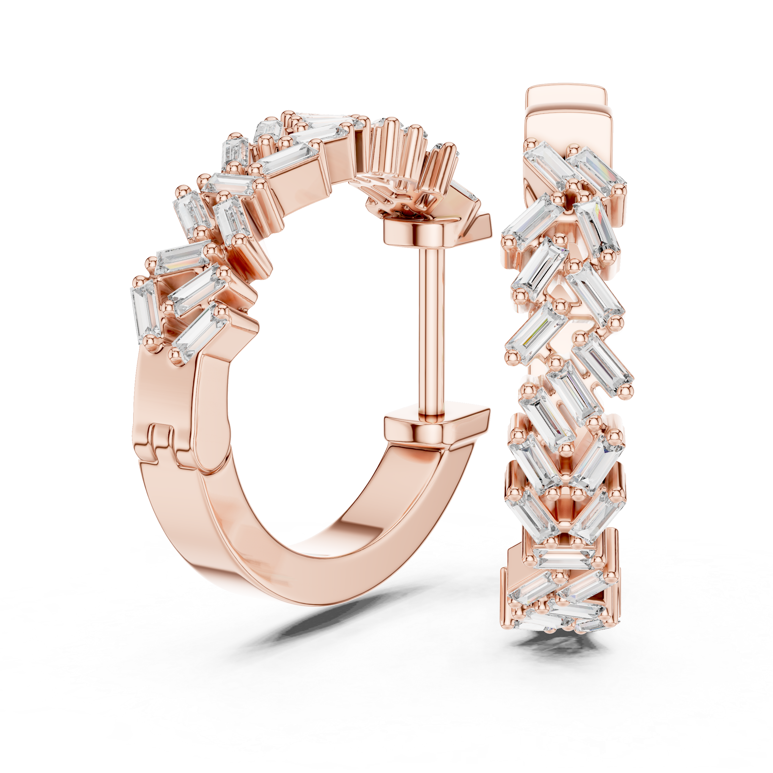 Rose gold hoop earrings adorned with baguette-cut clear gemstones arranged in a zigzag pattern