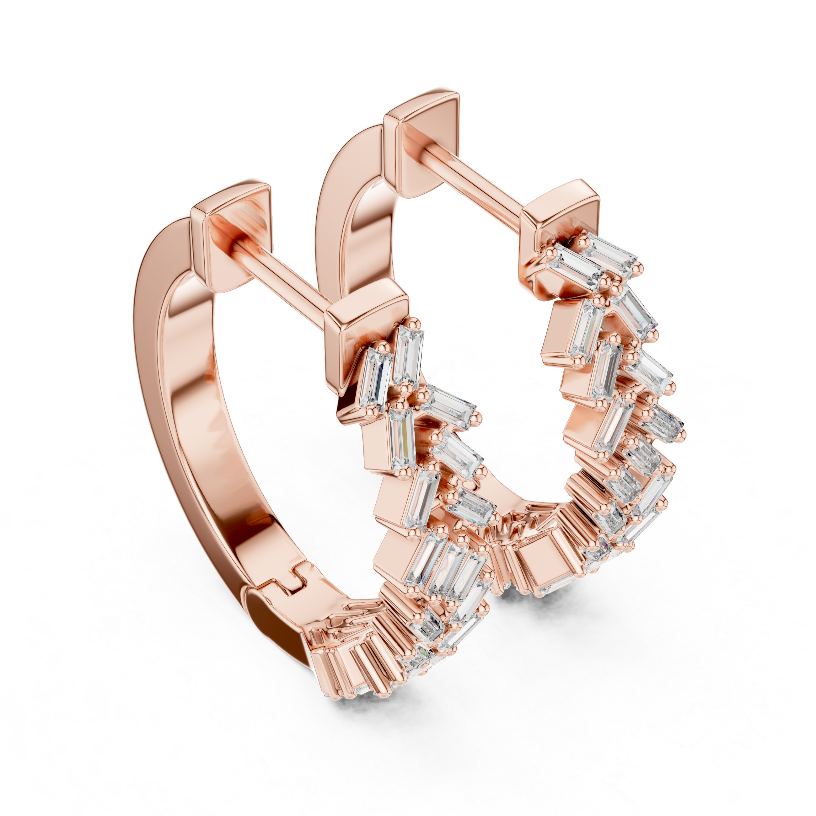 Rose gold hoop earrings adorned with baguette-cut clear gemstones arranged in a zigzag pattern