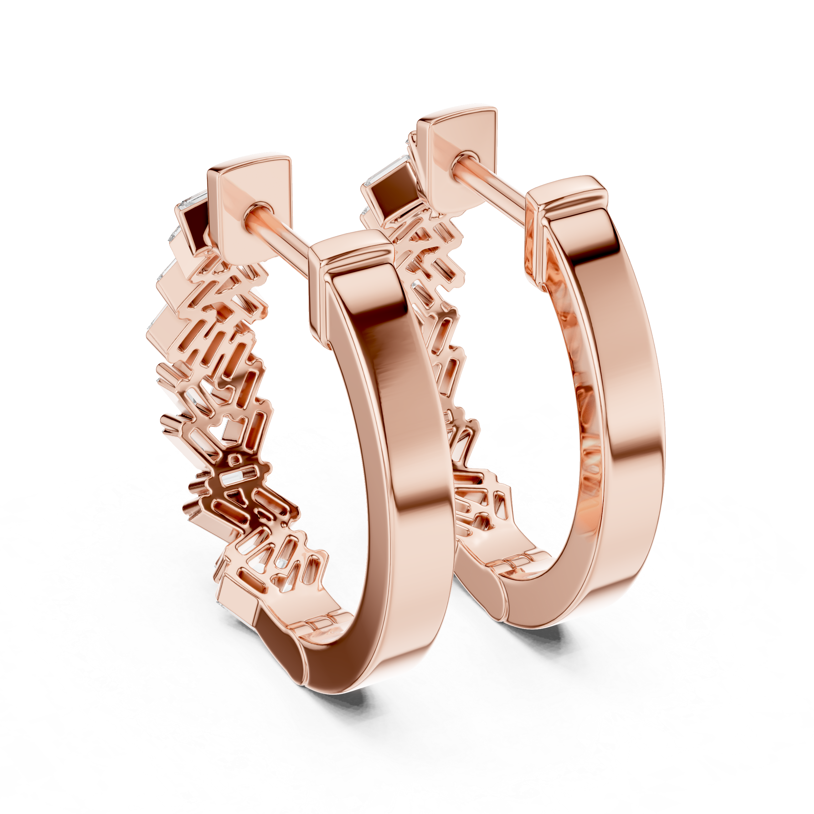 Rose gold hoop earrings adorned with baguette-cut clear gemstones arranged in a zigzag pattern
