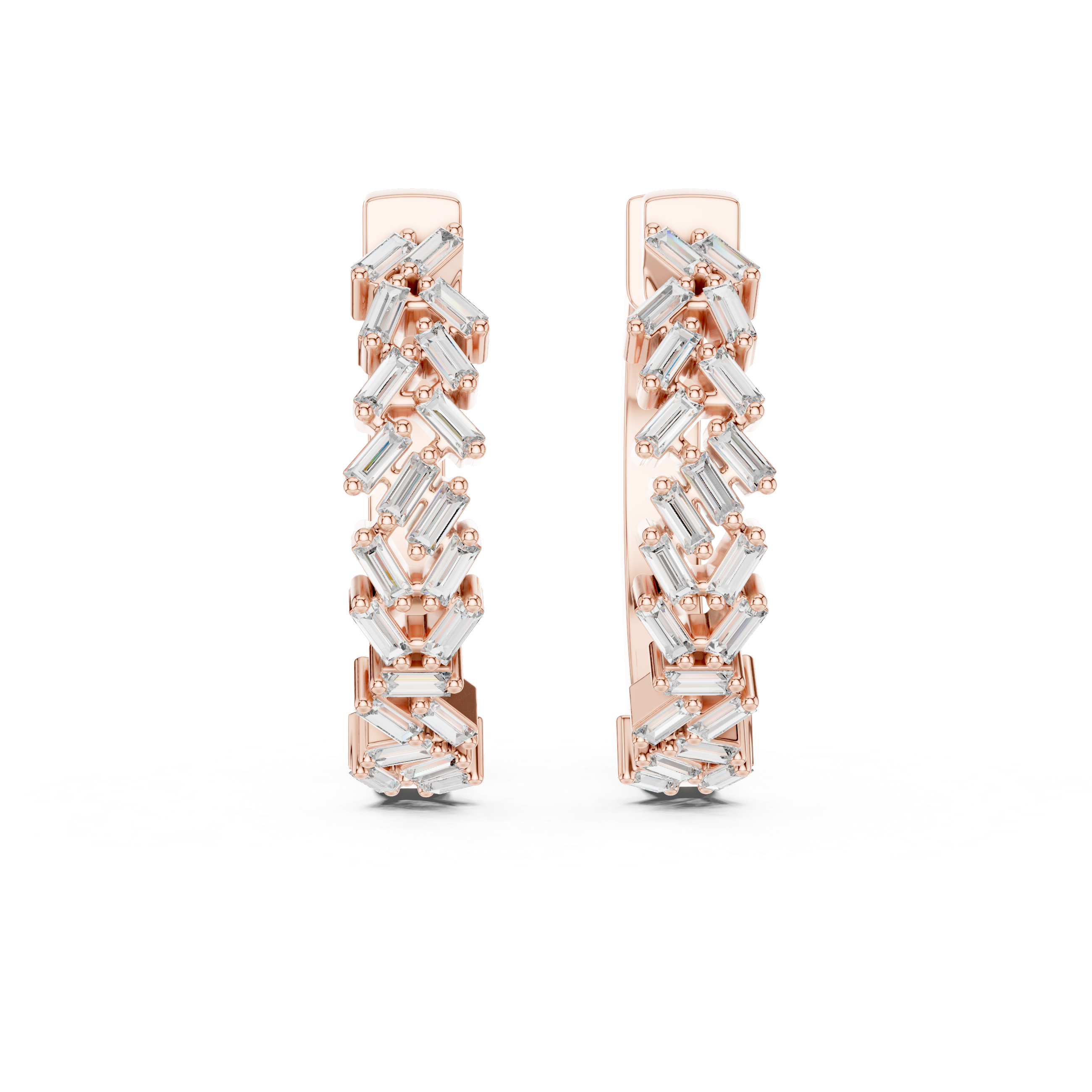 Rose gold hoop earrings adorned with baguette-cut clear gemstones arranged in a zigzag pattern