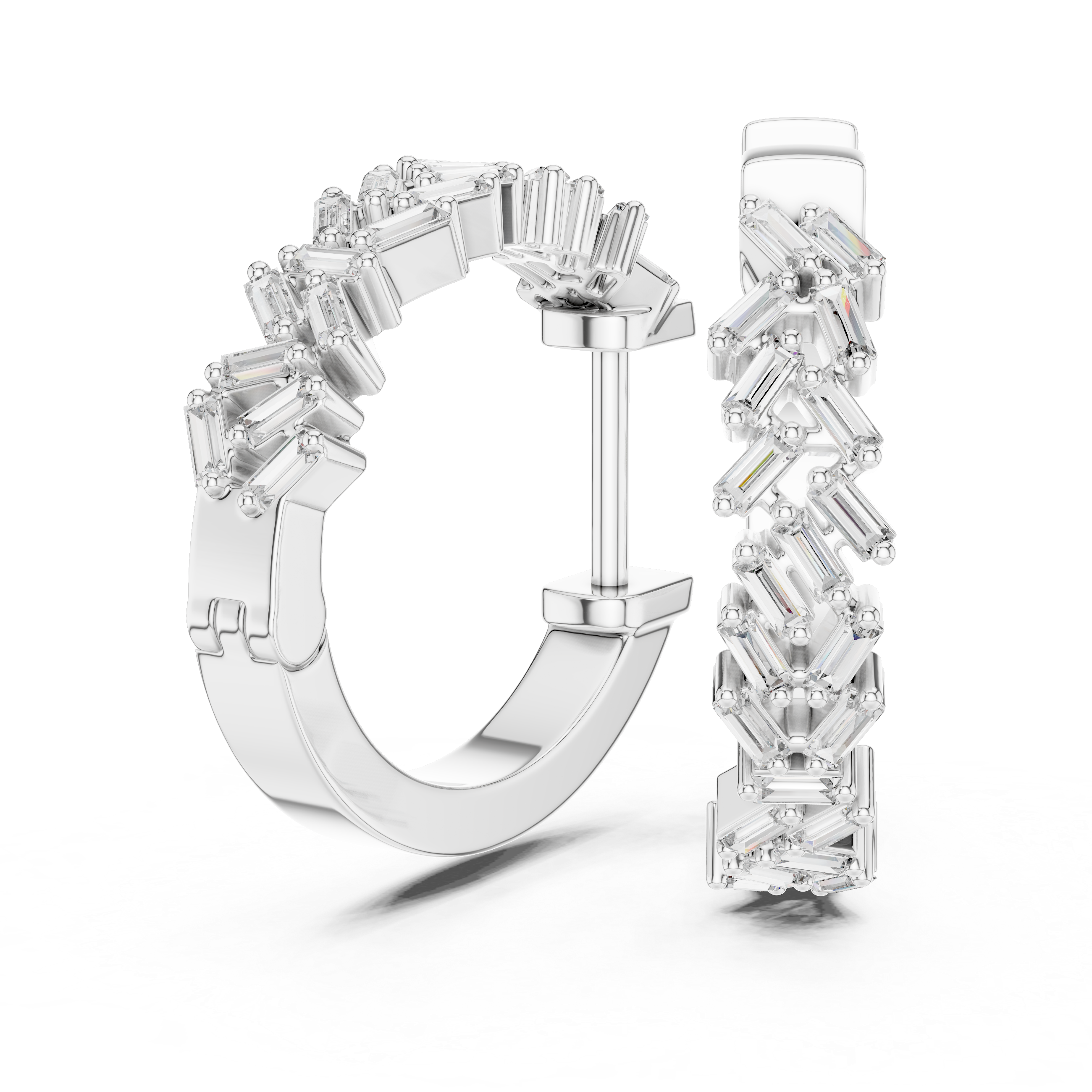 Rose gold hoop earrings adorned with baguette-cut clear gemstones arranged in a zigzag pattern