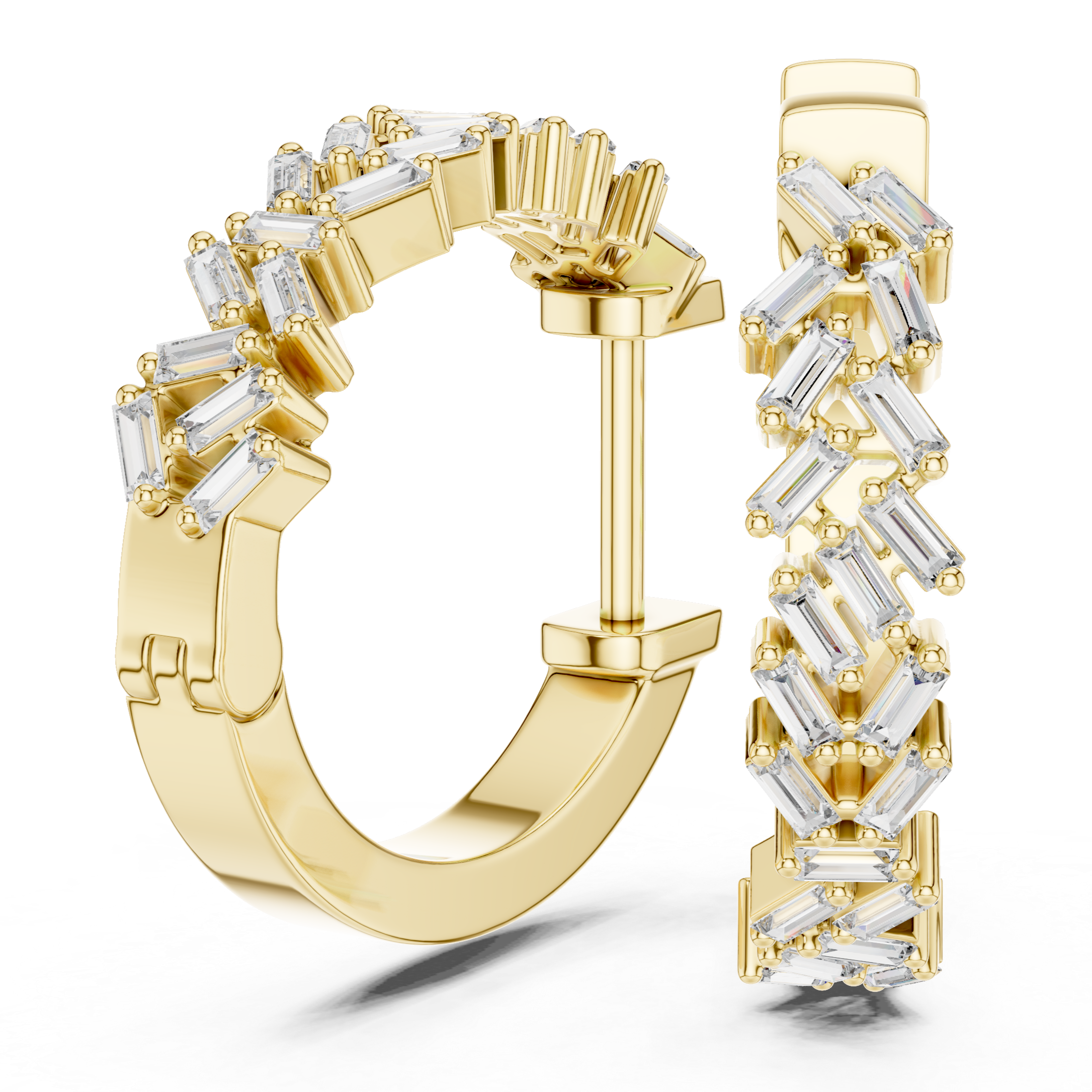 Rose gold hoop earrings adorned with baguette-cut clear gemstones arranged in a zigzag pattern