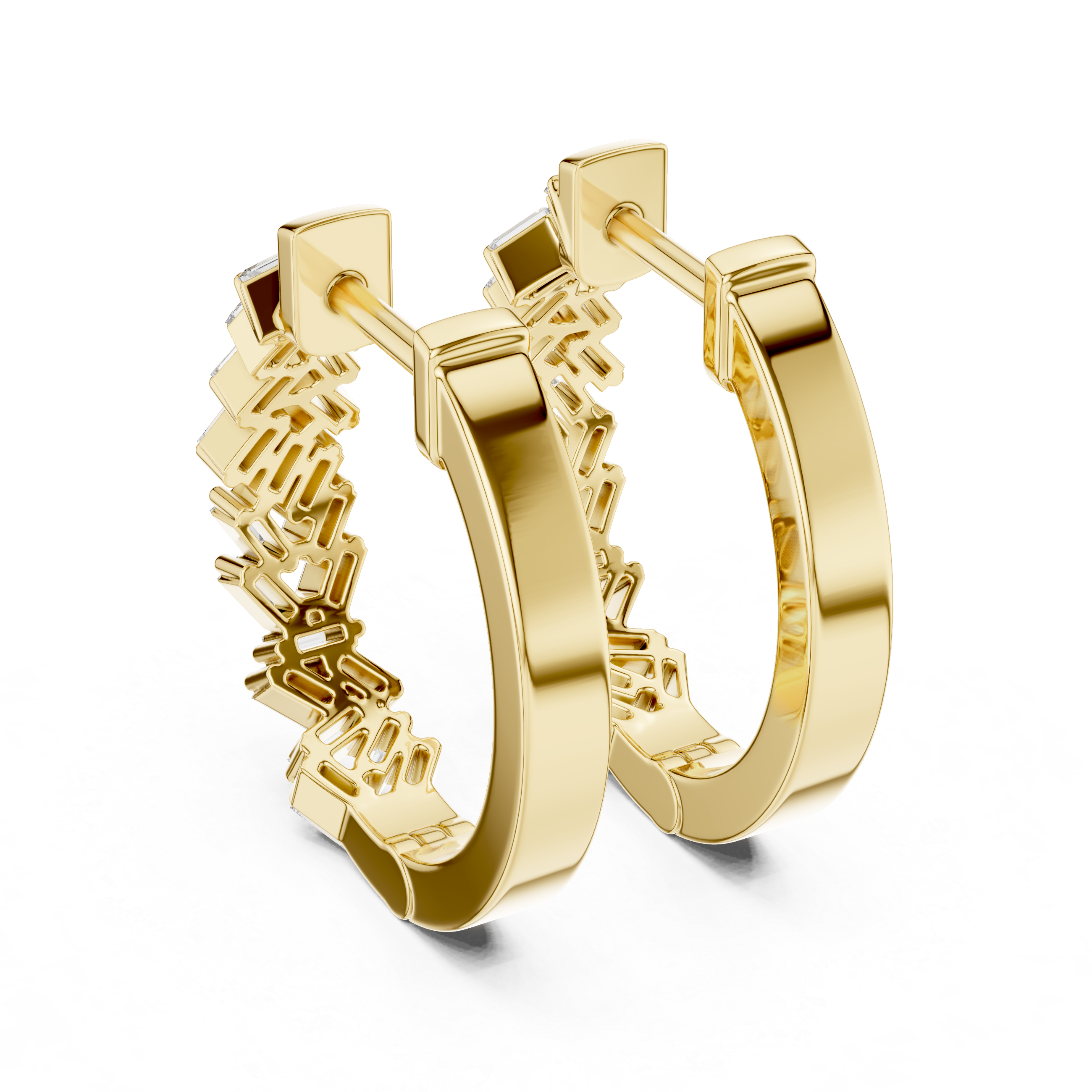Rose gold hoop earrings adorned with baguette-cut clear gemstones arranged in a zigzag pattern