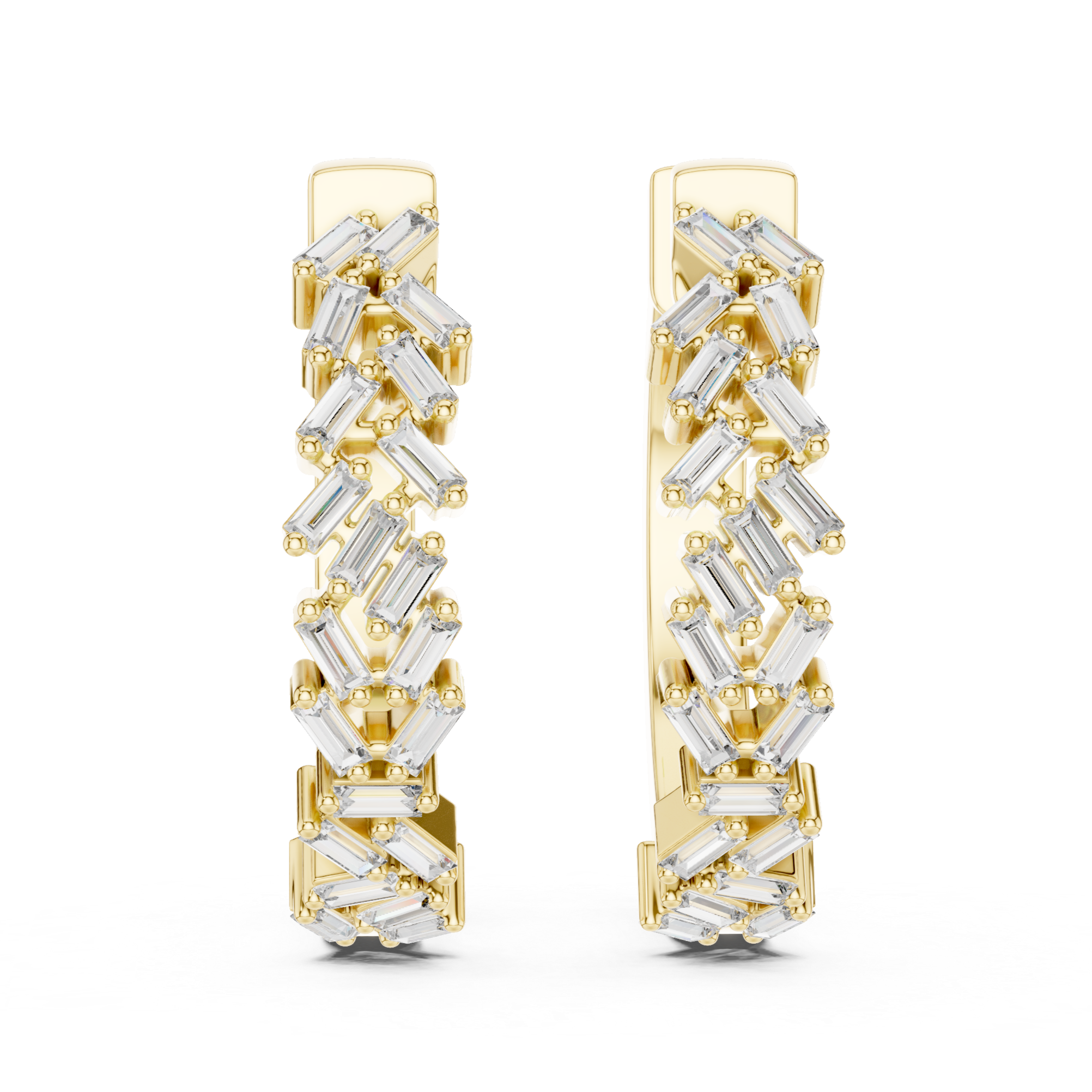 Rose gold hoop earrings adorned with baguette-cut clear gemstones arranged in a zigzag pattern