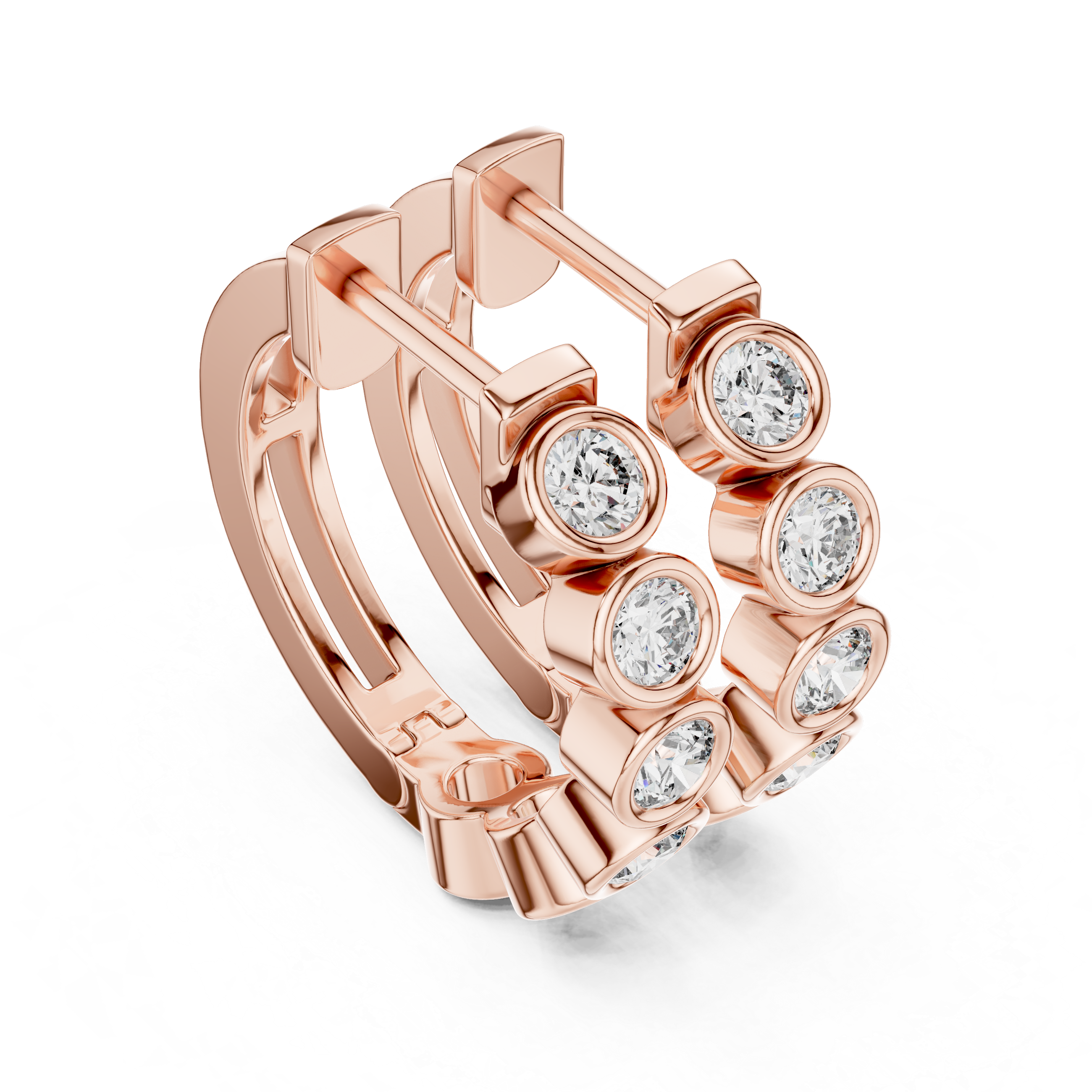 Rose gold hoop earrings with bezel-set round diamonds
