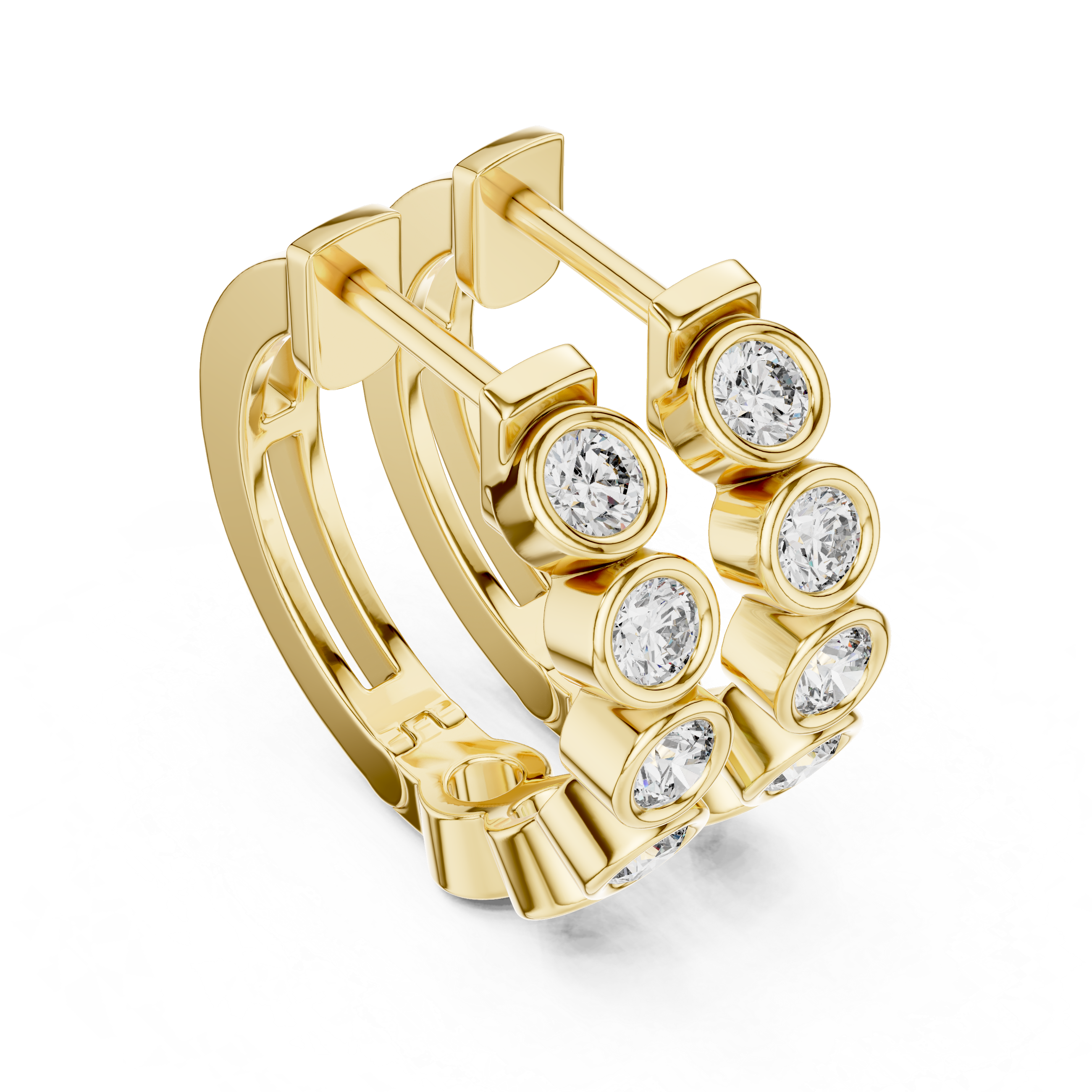 Rose gold hoop earrings with bezel-set round diamonds