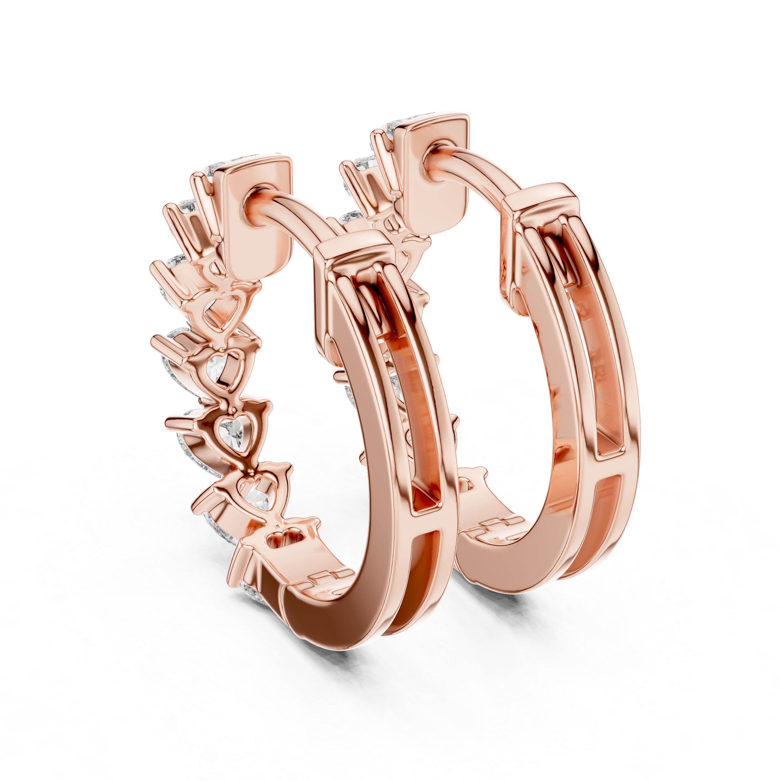 Rose Gold Hoop Earrings with Heart-Shaped Diamonds