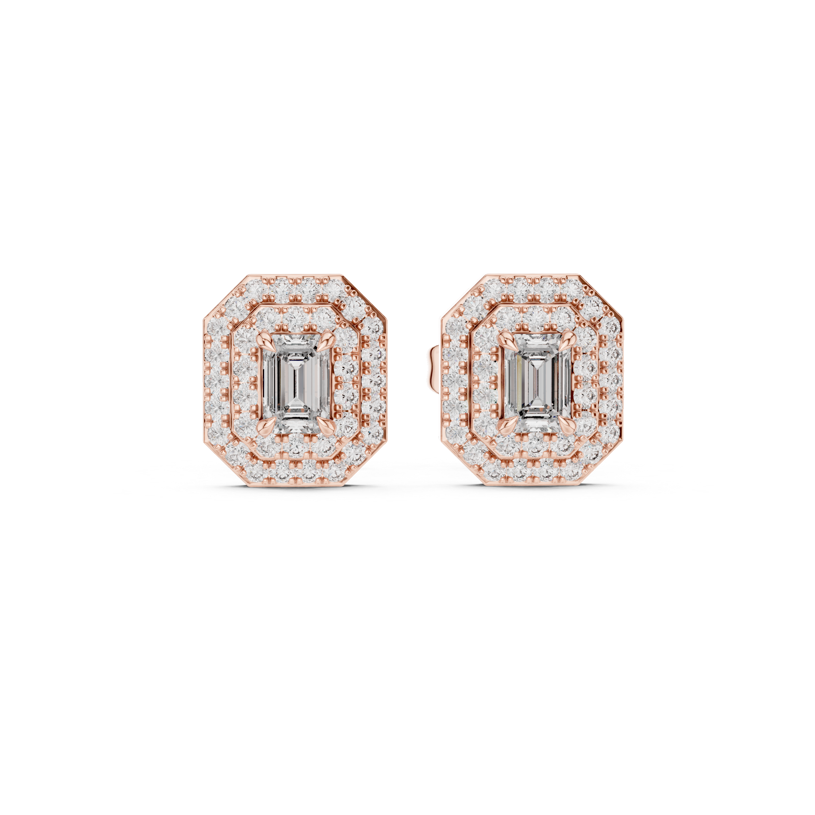 Dazzling Emerald-Cut Diamond Halo Stud Earrings