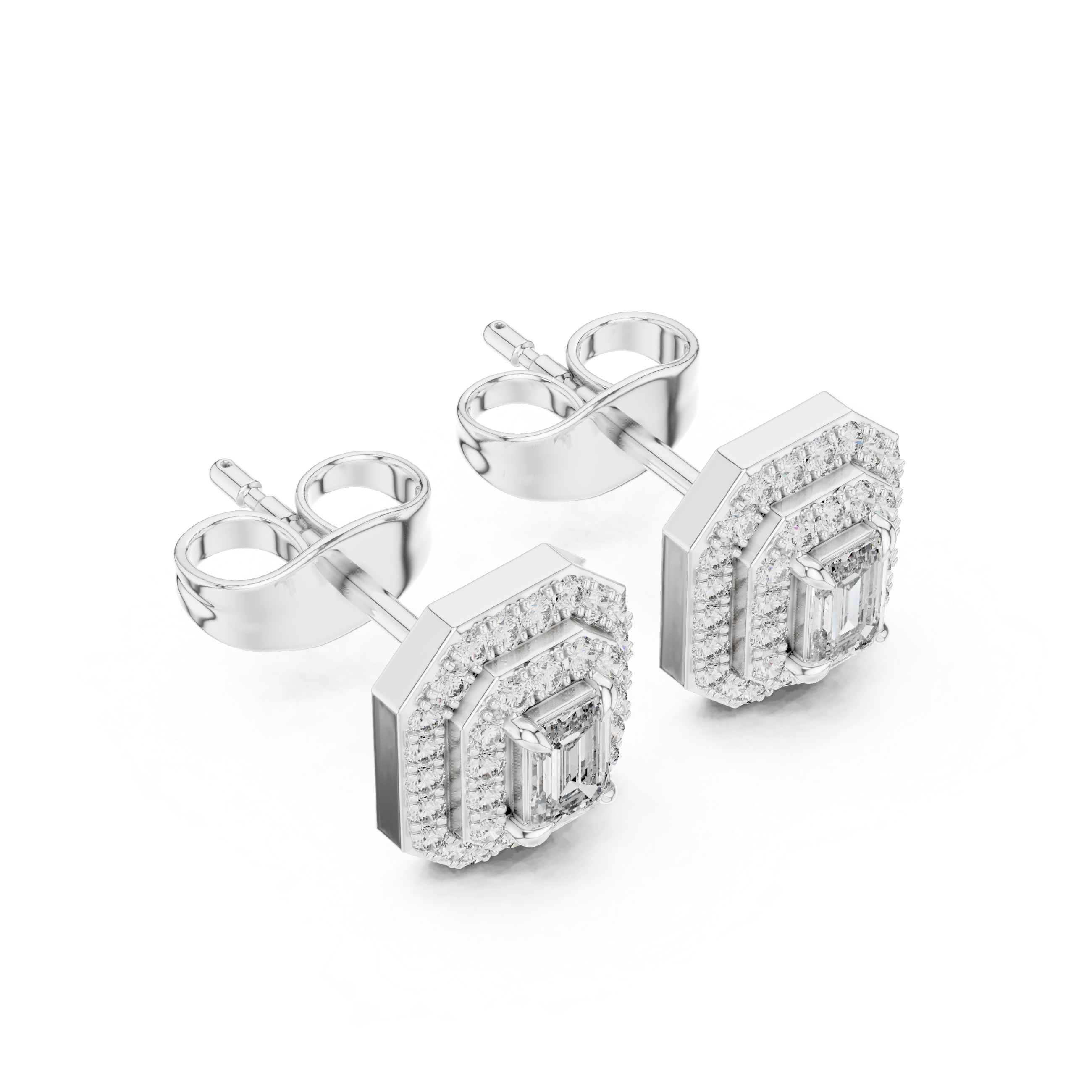 Dazzling Emerald-Cut Diamond Halo Stud Earrings