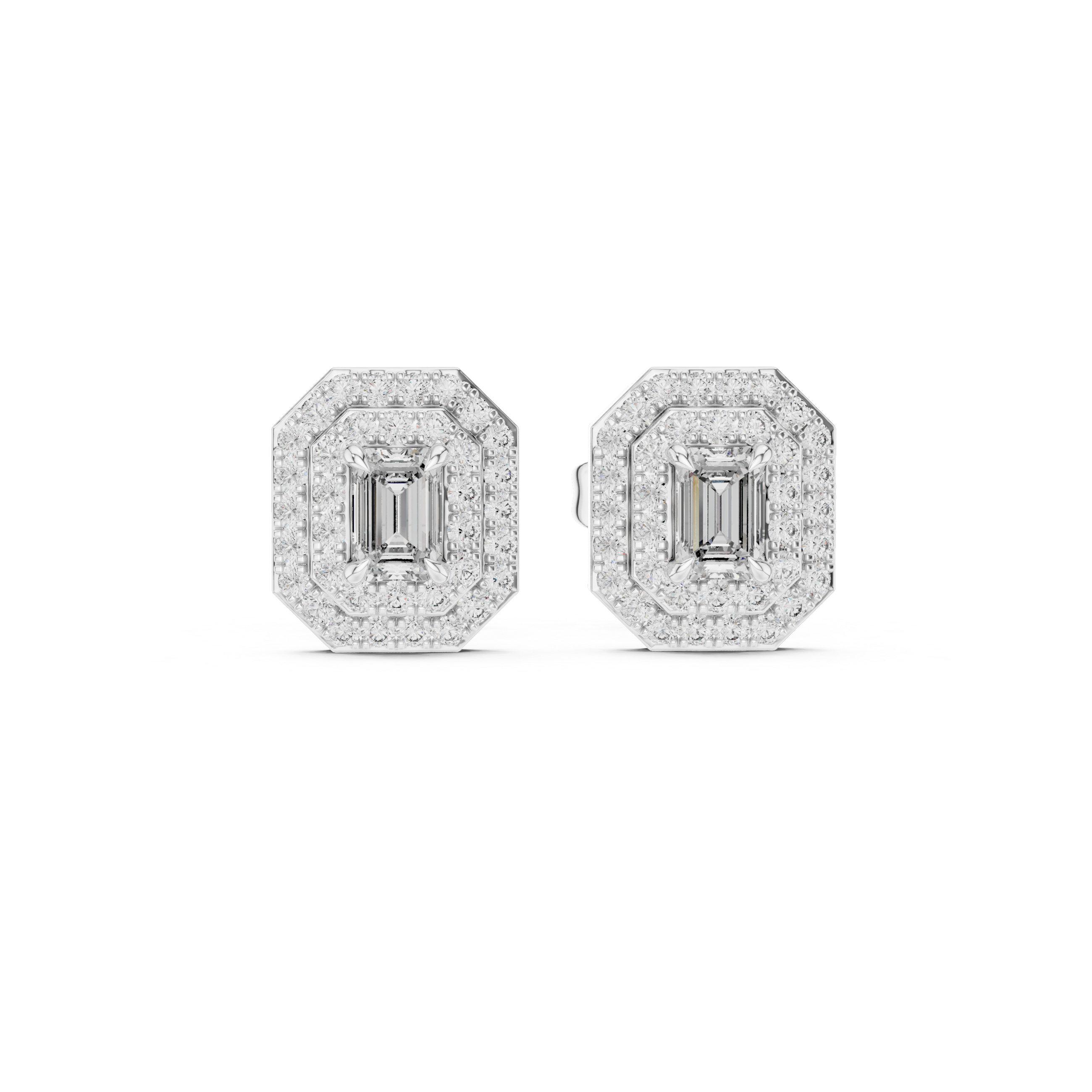 Dazzling Emerald-Cut Diamond Halo Stud Earrings