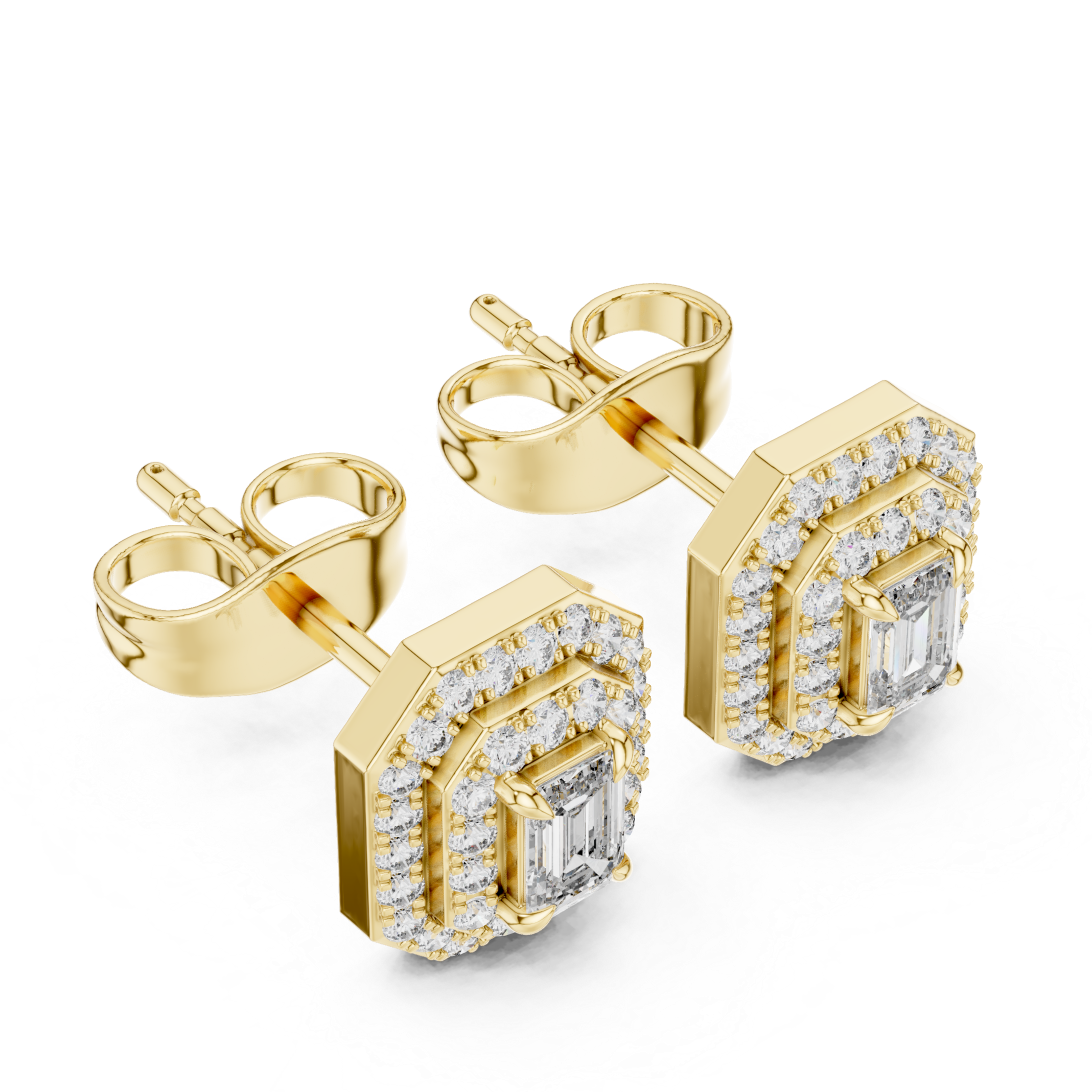 Dazzling Emerald-Cut Diamond Halo Stud Earrings