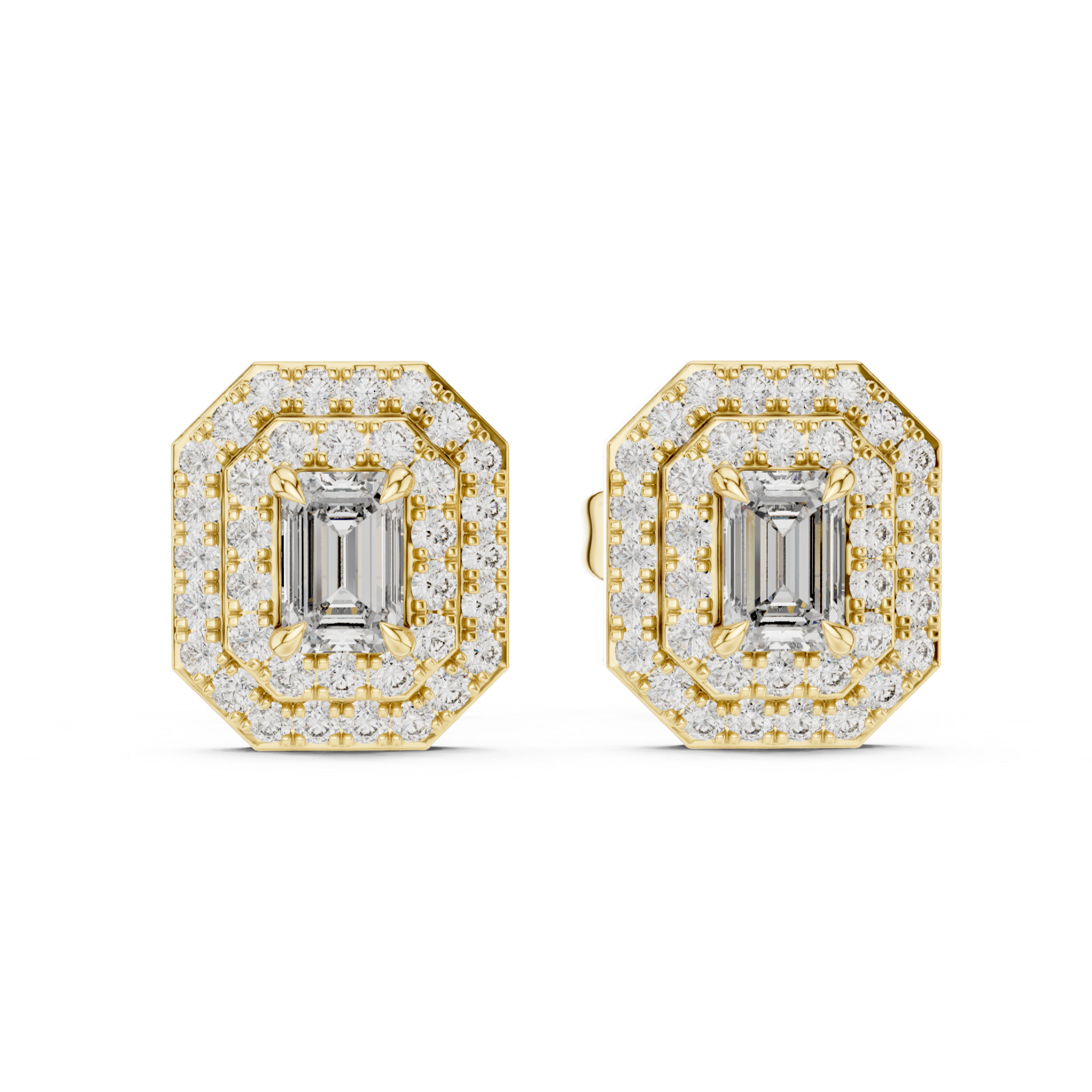 Dazzling Emerald-Cut Diamond Halo Stud Earrings