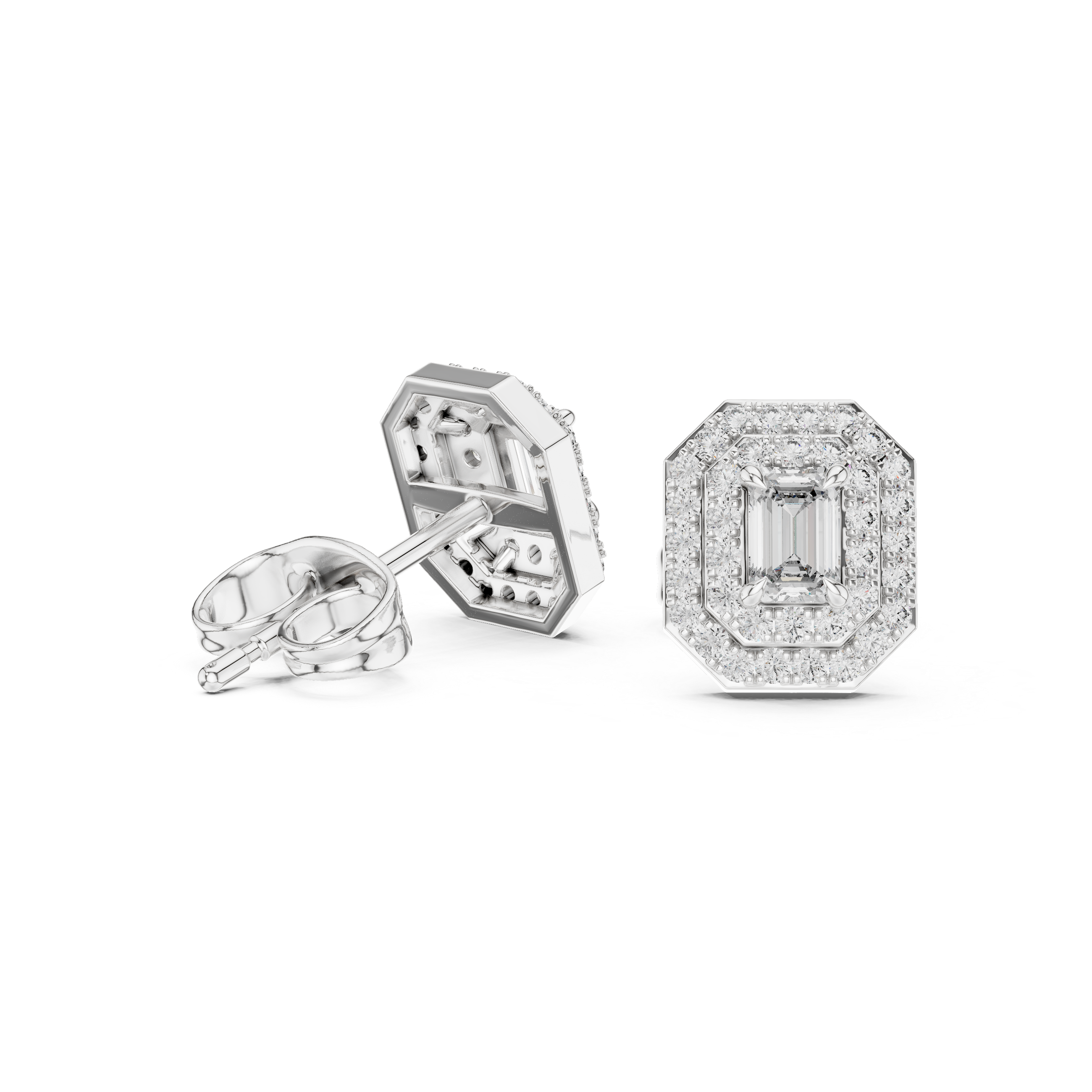 Dazzling Emerald-Cut Diamond Halo Stud Earrings