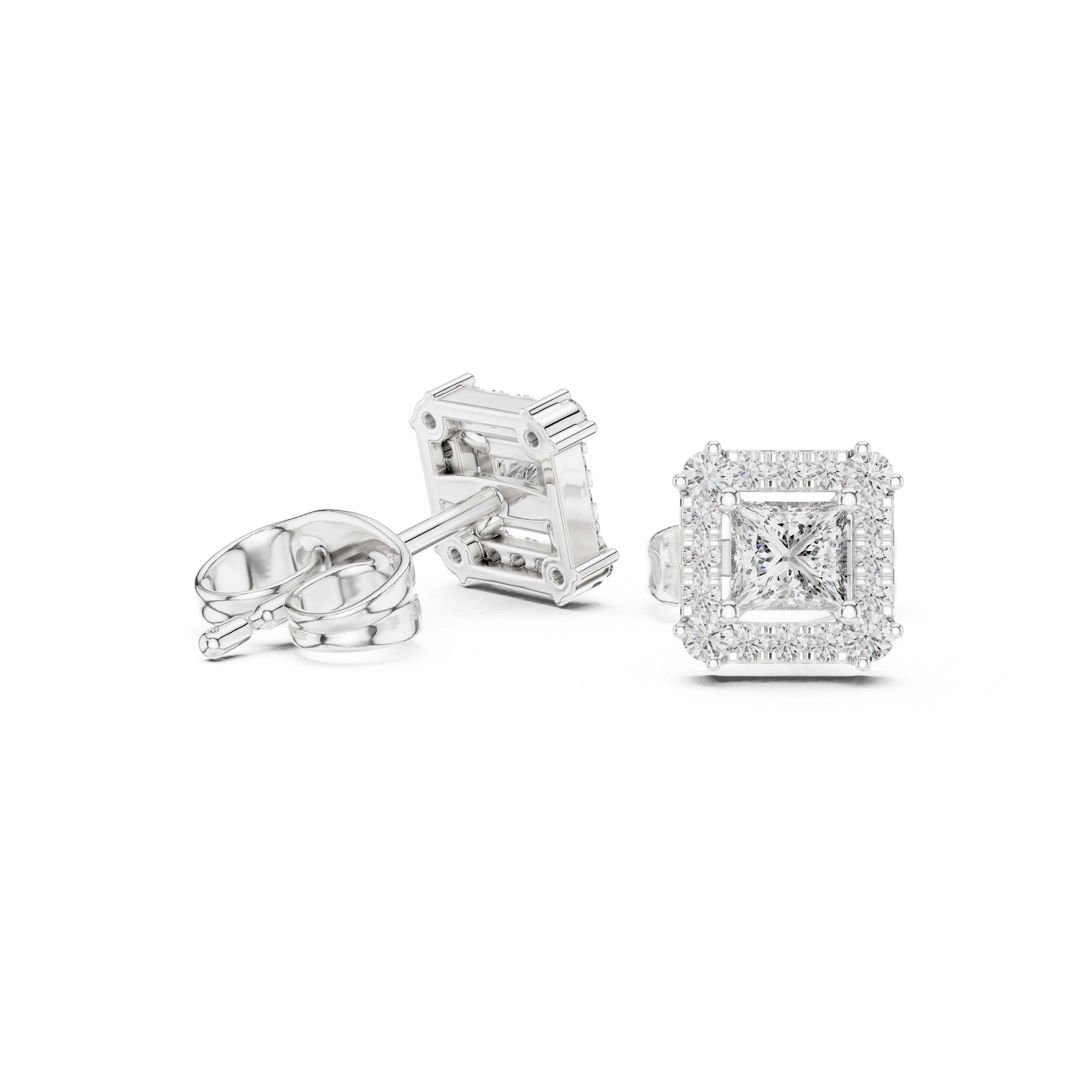 Princess-Cut Diamond Halo Stud Earrings