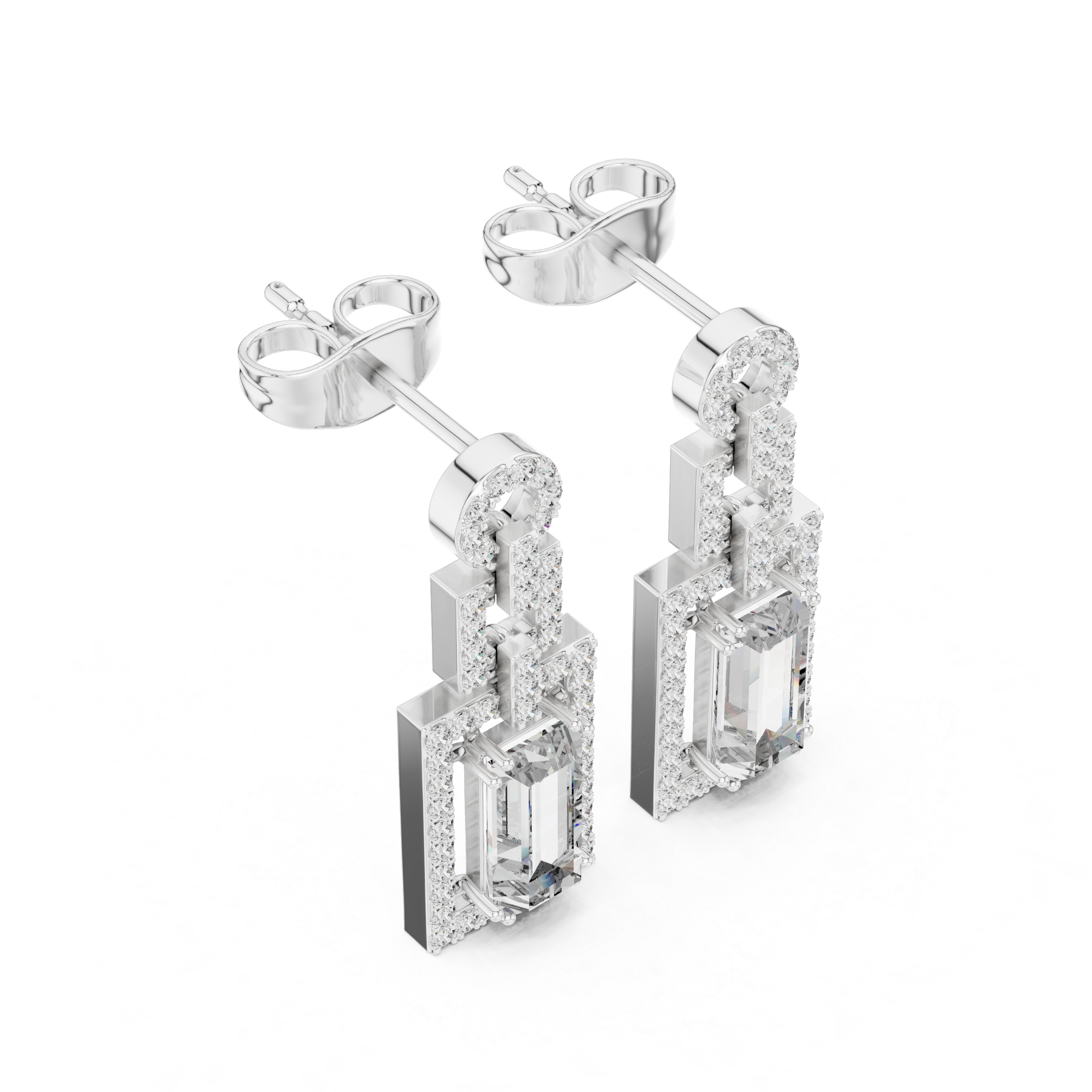 Art Deco Emerald-Cut Diamond Drop Earrings
