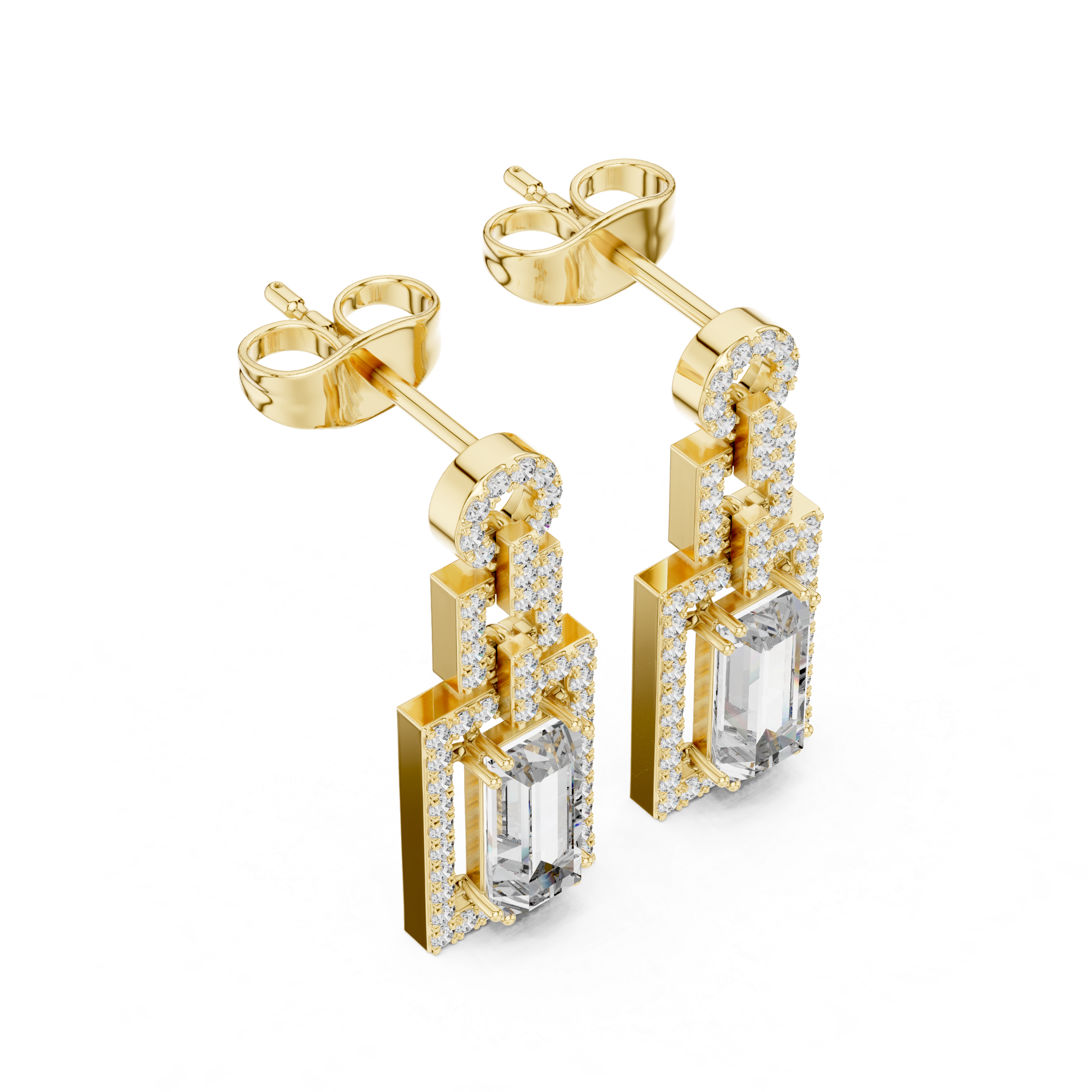 Art Deco Emerald-Cut Diamond Drop Earrings